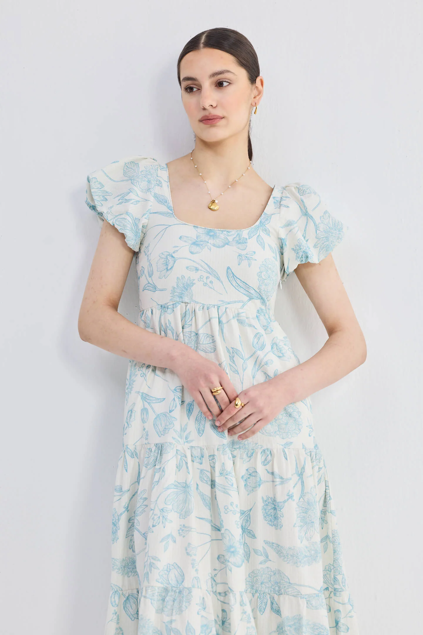 Puff Sleeve Tiered Maxi Dress in Blue Florals - Image 3