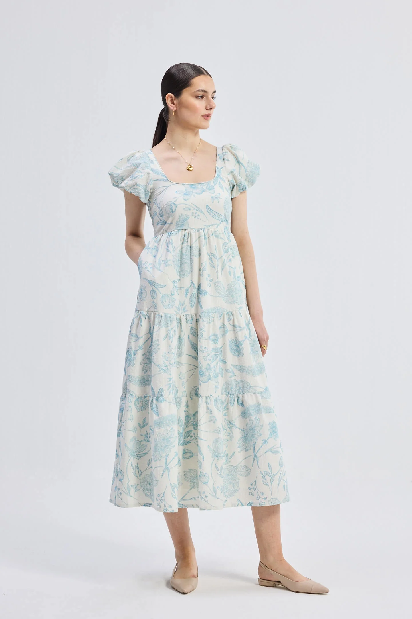 Puff Sleeve Tiered Maxi Dress in Blue Florals - Image 4