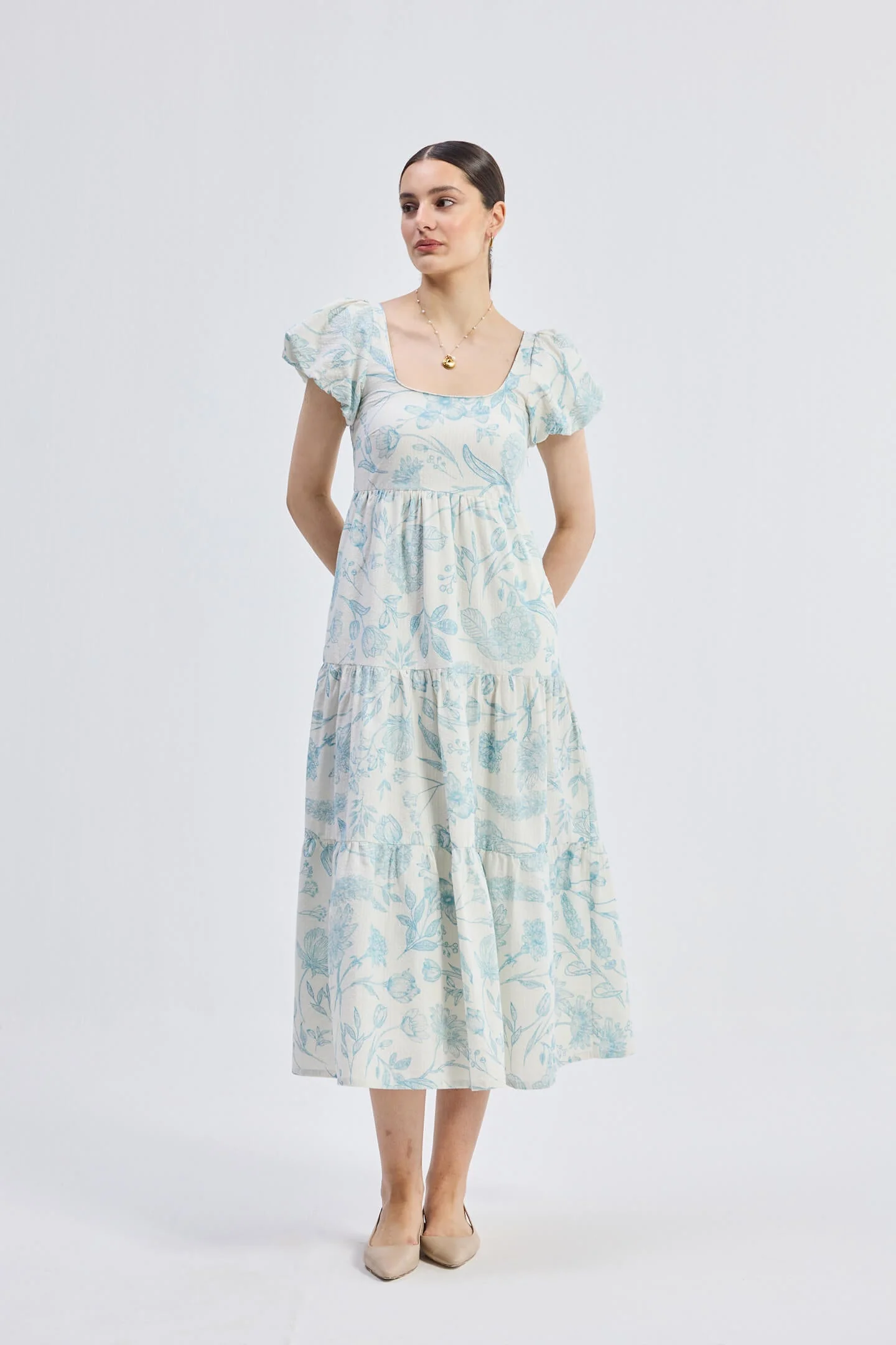 Puff Sleeve Tiered Maxi Dress in Blue Florals - Image 5