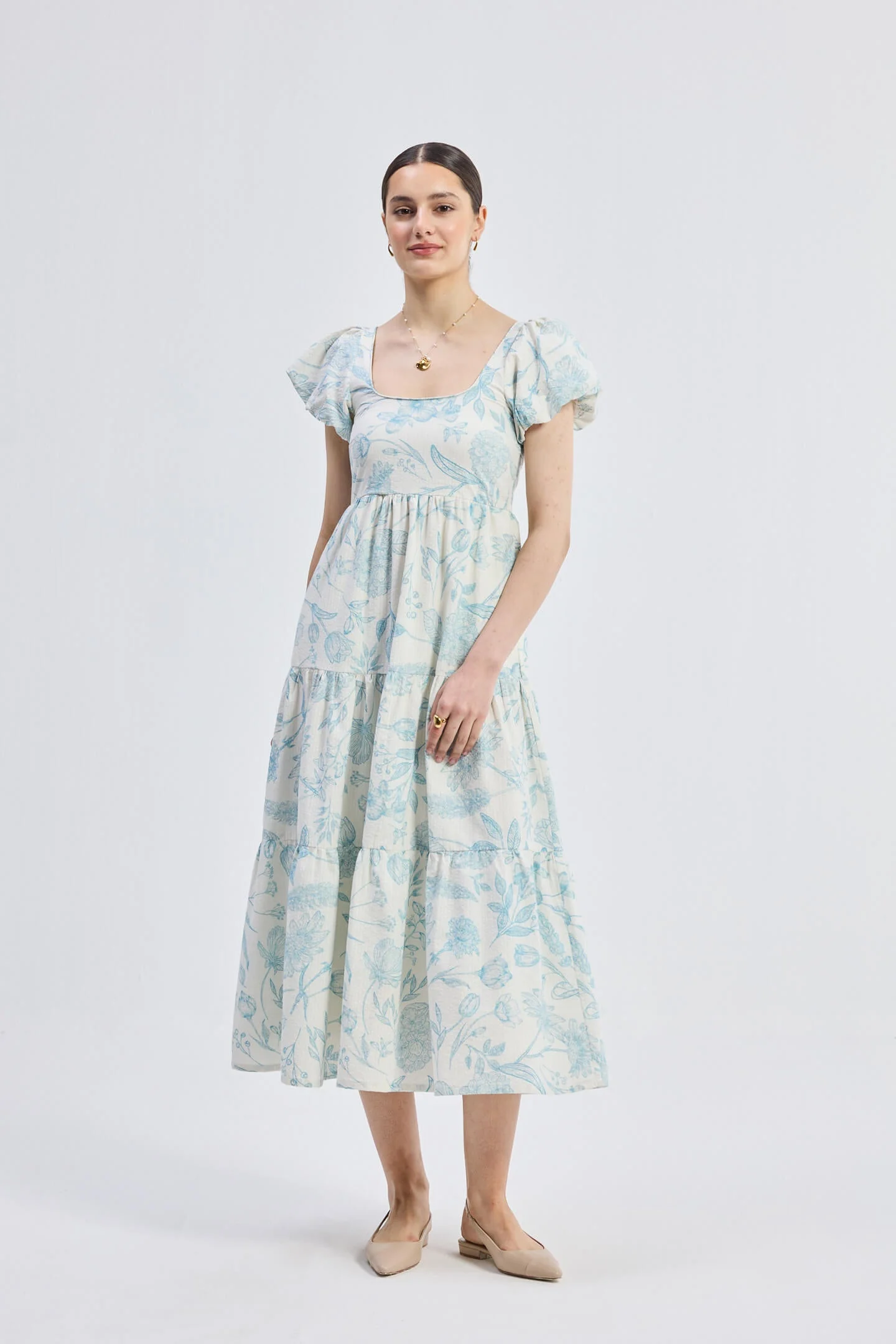 Puff Sleeve Tiered Maxi Dress in Blue Florals - Image 6