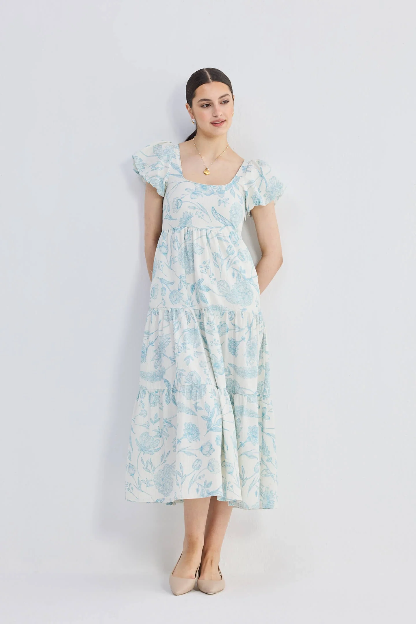 Puff Sleeve Tiered Maxi Dress in Blue Florals - Image 7