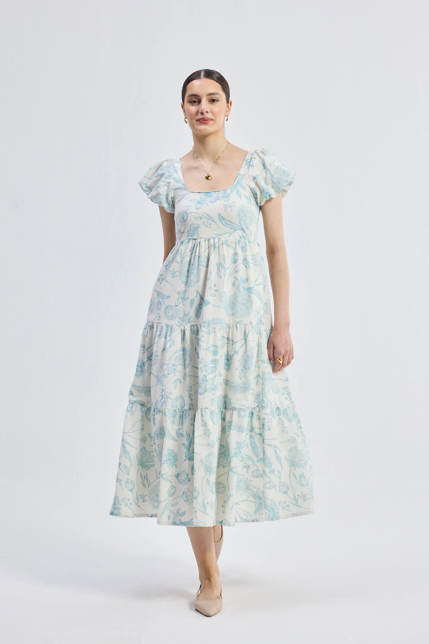 Puff Sleeve Tiered Maxi Dress in Blue Florals - Image 8
