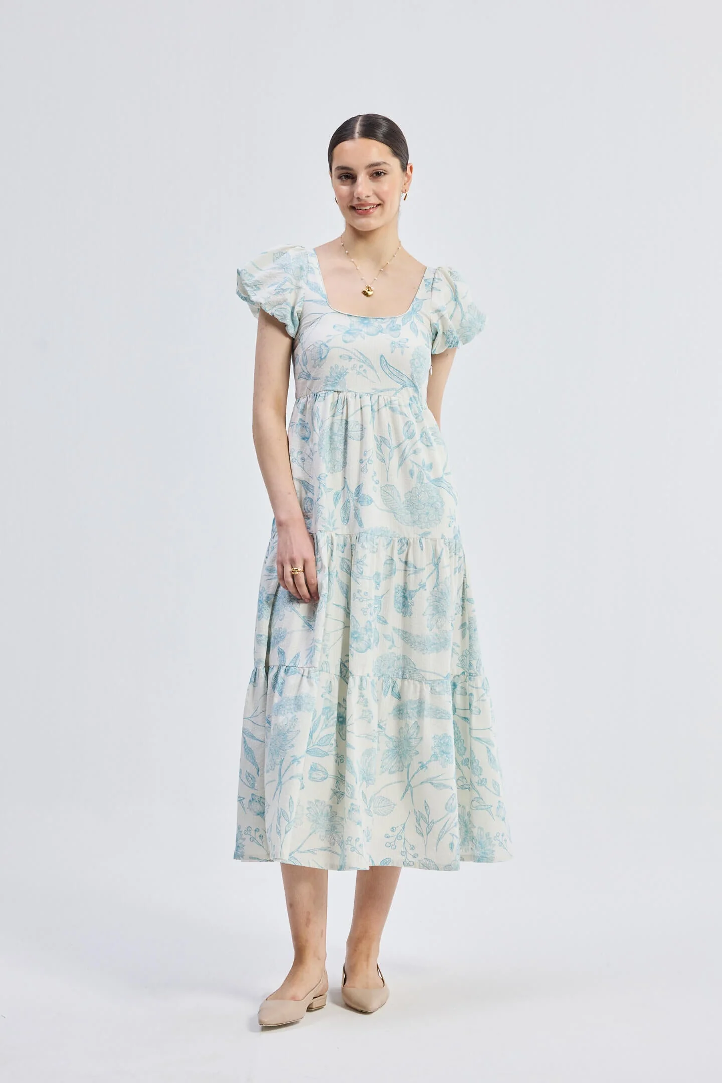 Puff Sleeve Tiered Maxi Dress in Blue Florals - Image 9