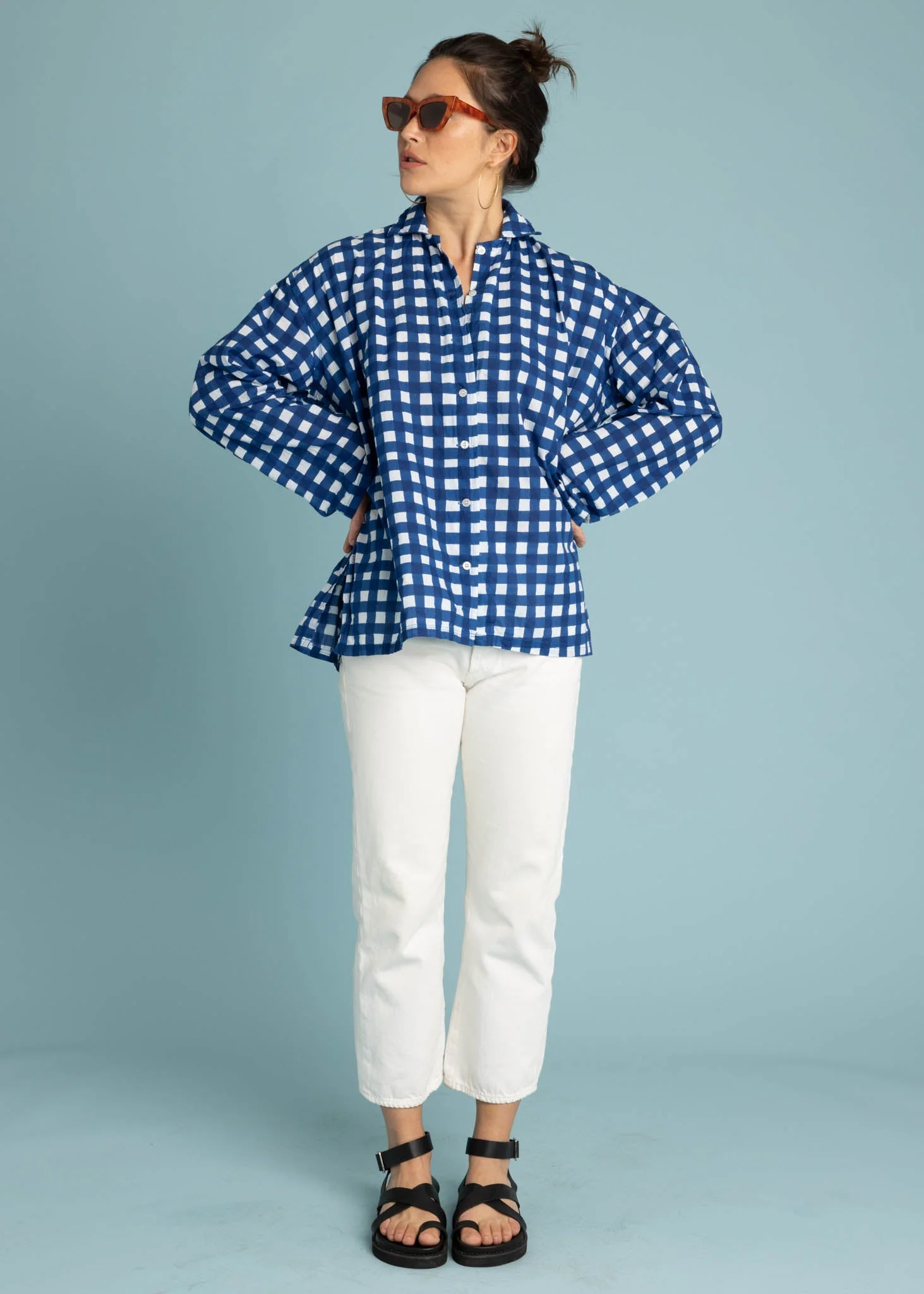 Relaxed Boyfriend Shirt - Gingham Picnic Coastal Blue - Image 10
