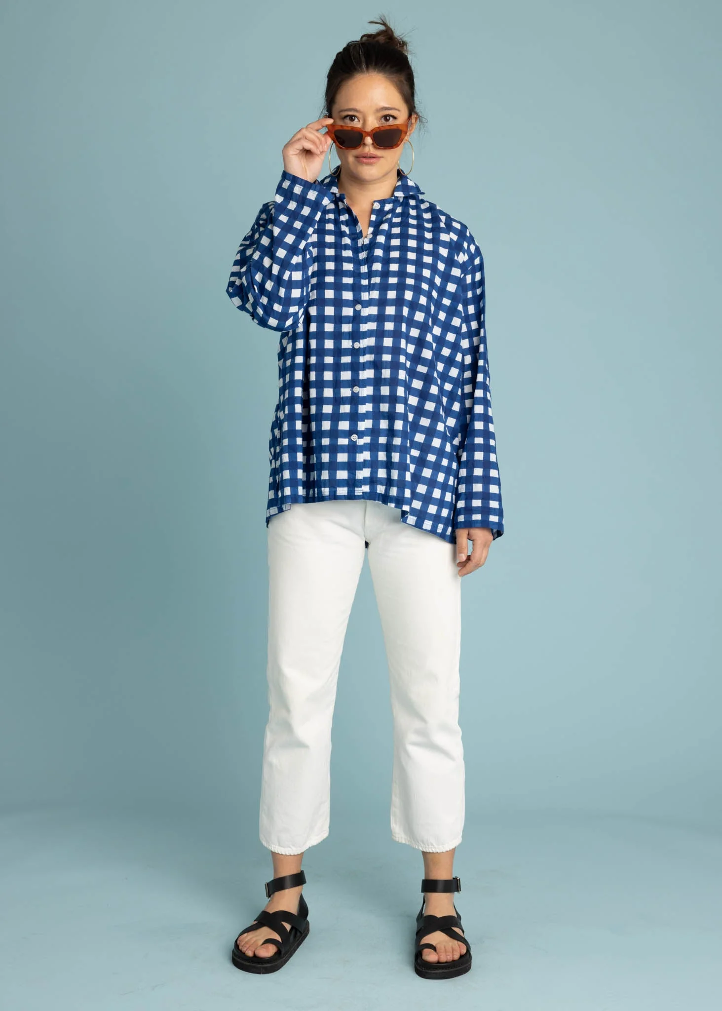 Relaxed Boyfriend Shirt - Gingham Picnic Coastal Blue - Image 11