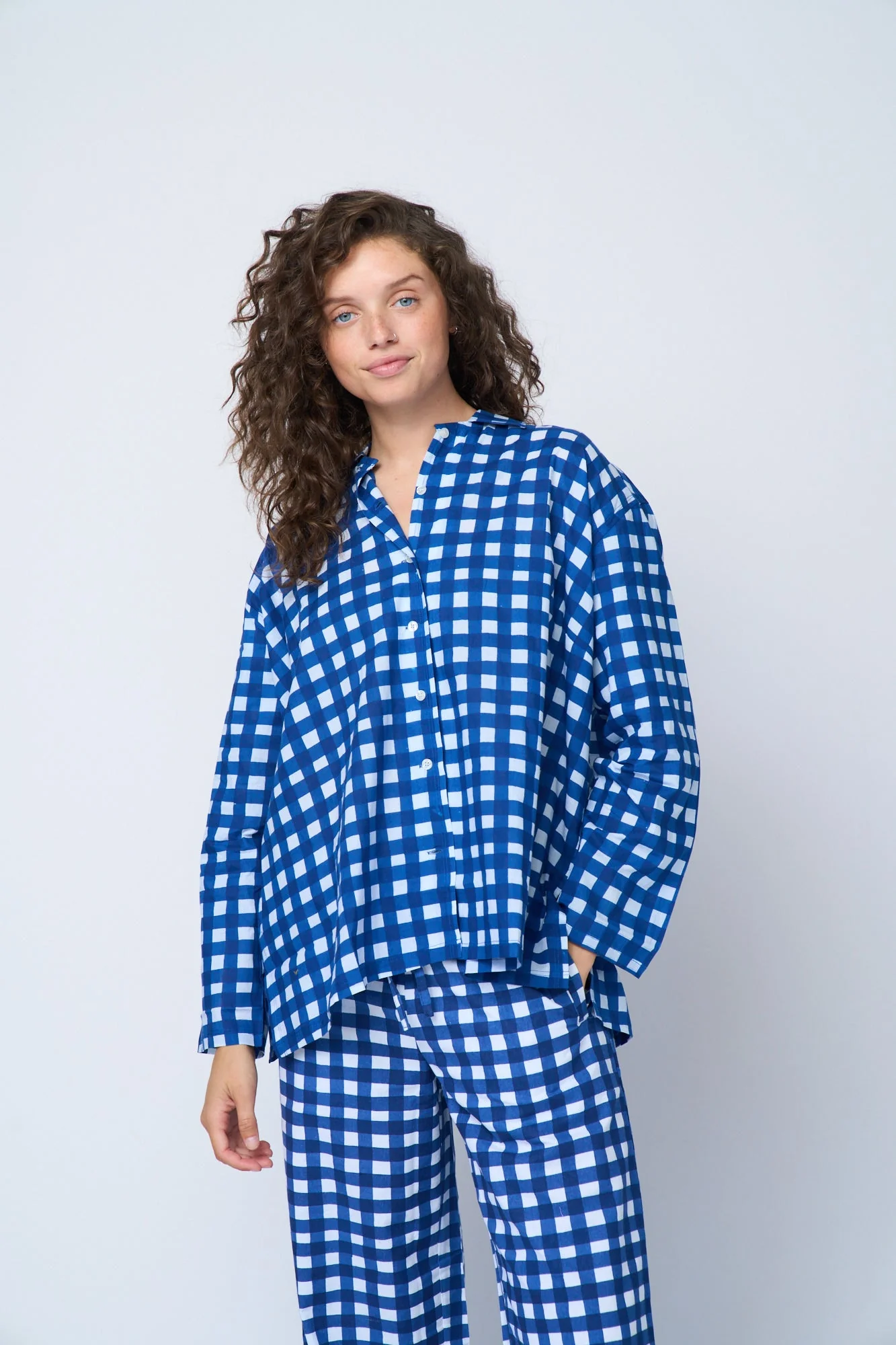 Relaxed Boyfriend Shirt - Gingham Picnic Coastal Blue - Image 7
