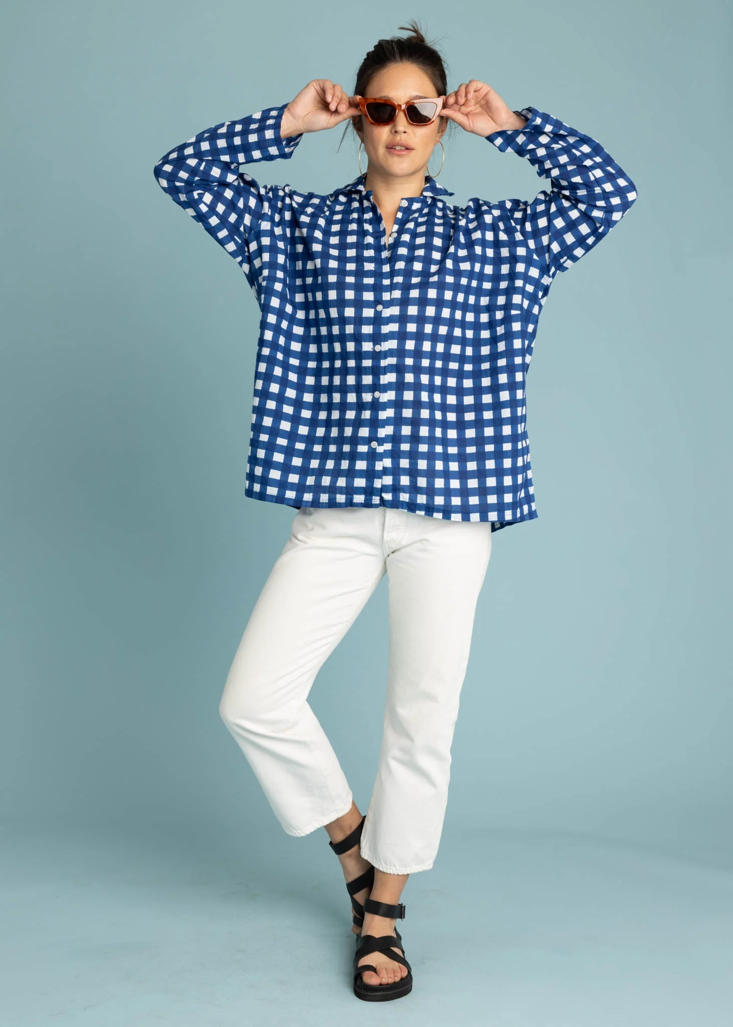 Relaxed Boyfriend Shirt - Gingham Picnic Coastal Blue - Image 8