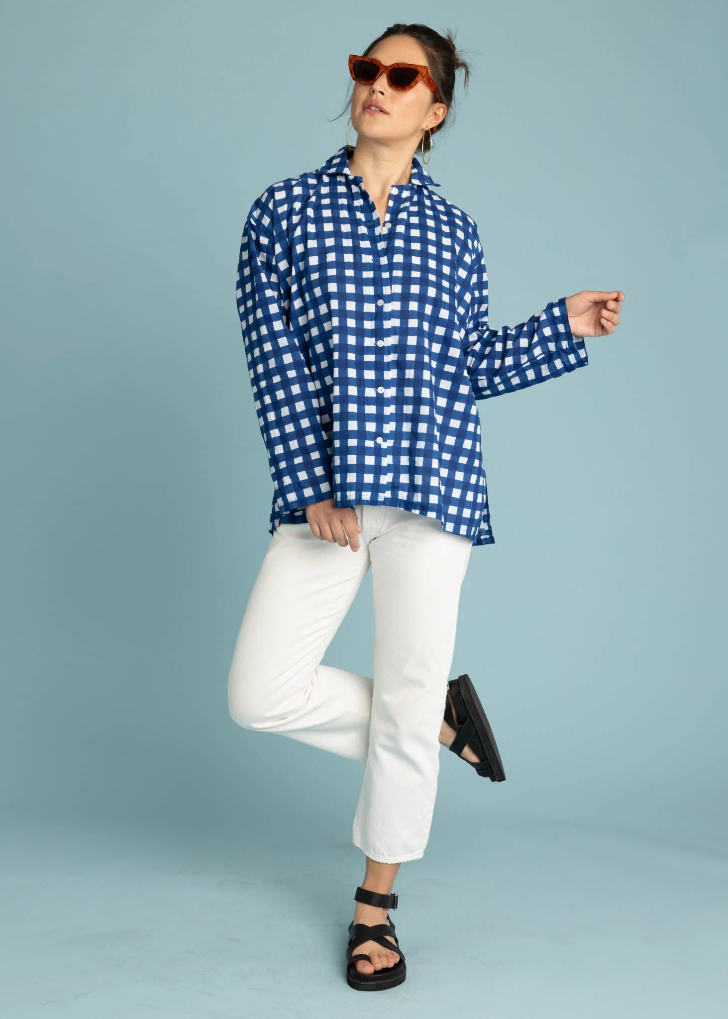 Relaxed Boyfriend Shirt - Gingham Picnic Coastal Blue - Image 9