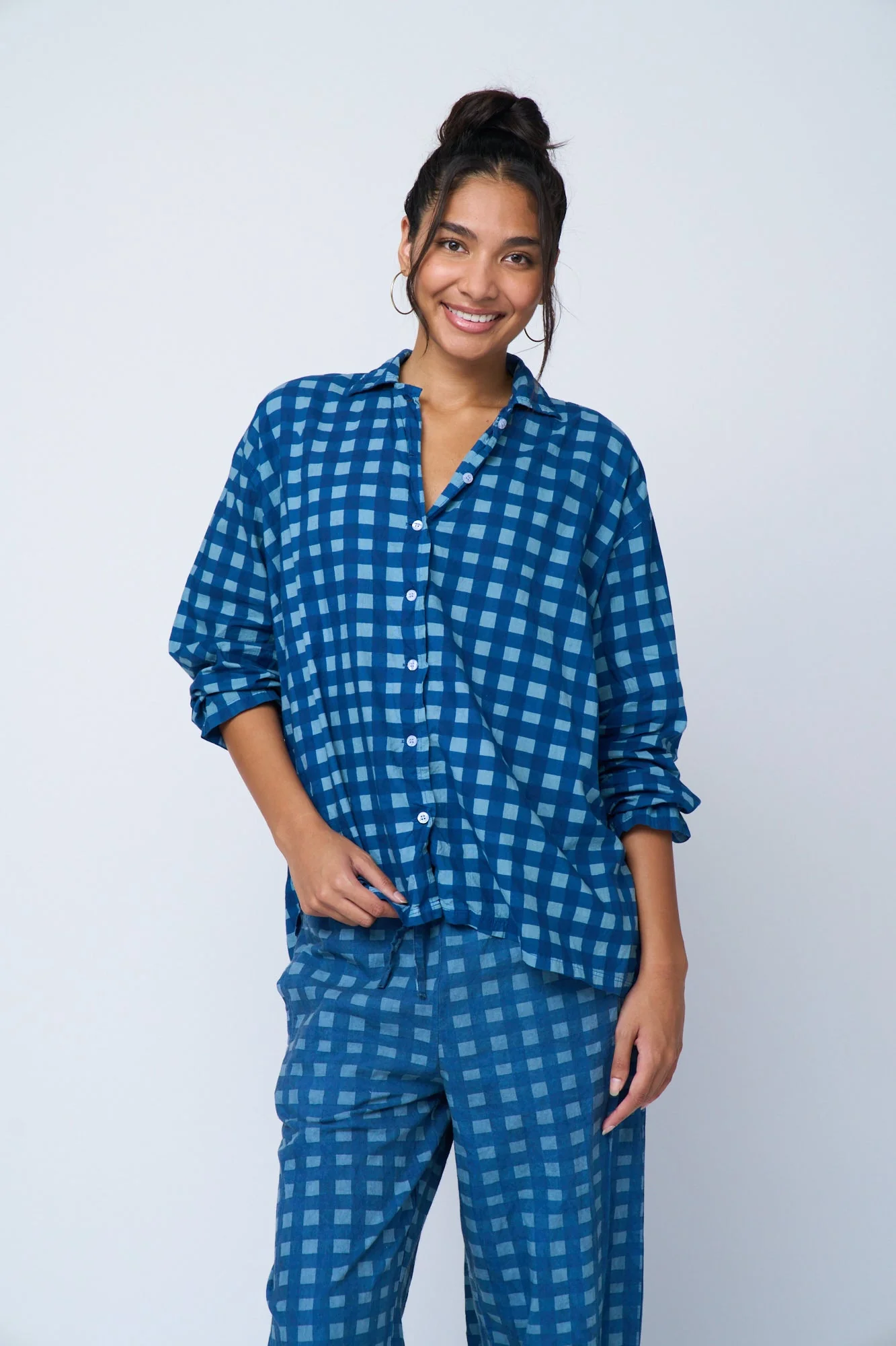 Relaxed Boyfriend Shirt - Gingham Picnic Overdye Cornflower Blue - Image 2