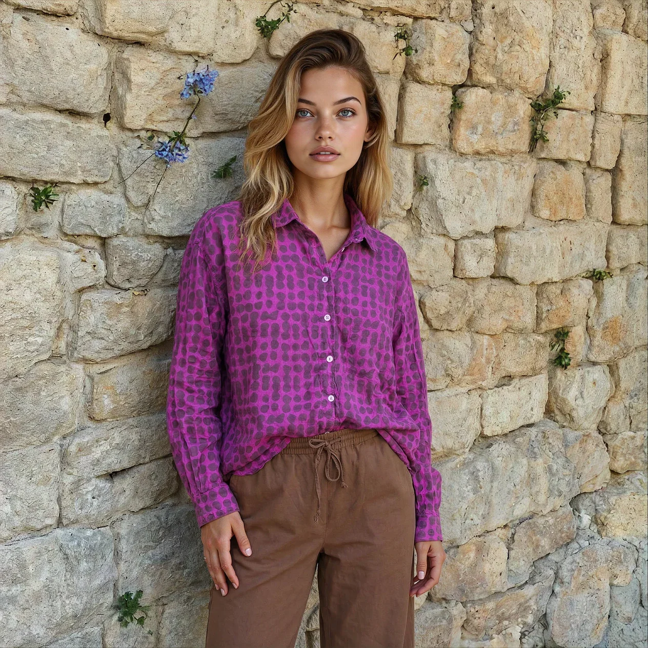 Relaxed Boyfriend Shirt Messy Dot - Overdye Magenta - Image 4