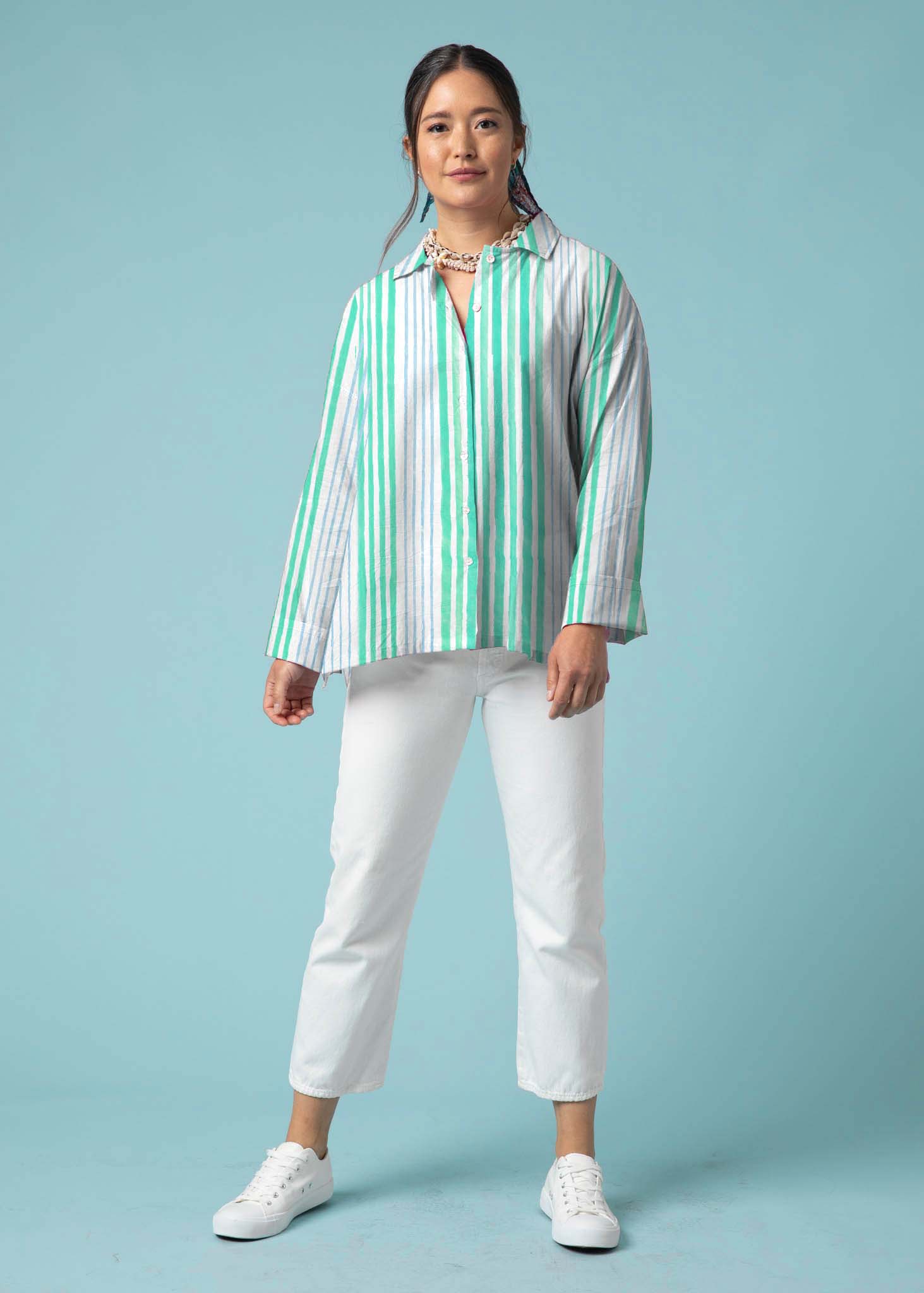 Relaxed Boyfriend Shirt - Mixed Up Stripe Cerulean Seaglass - Image 10