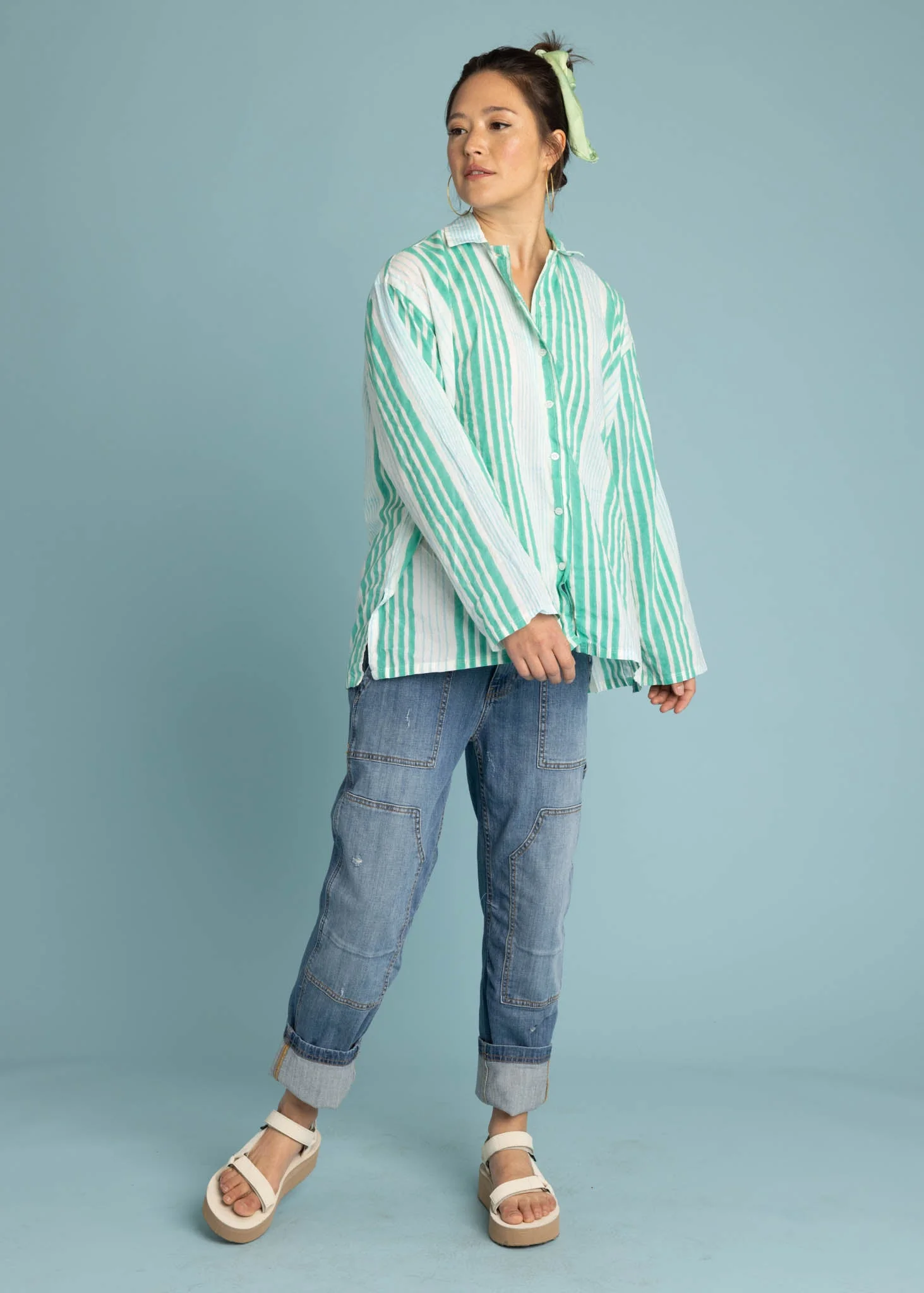Relaxed Boyfriend Shirt - Mixed Up Stripe Cerulean Seaglass - Image 7