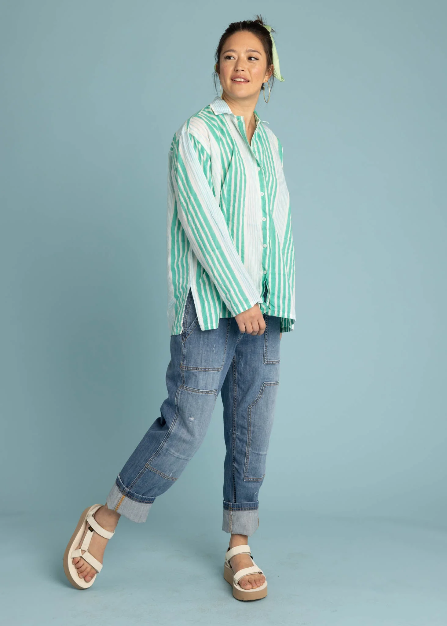 Relaxed Boyfriend Shirt - Mixed Up Stripe Cerulean Seaglass - Image 8
