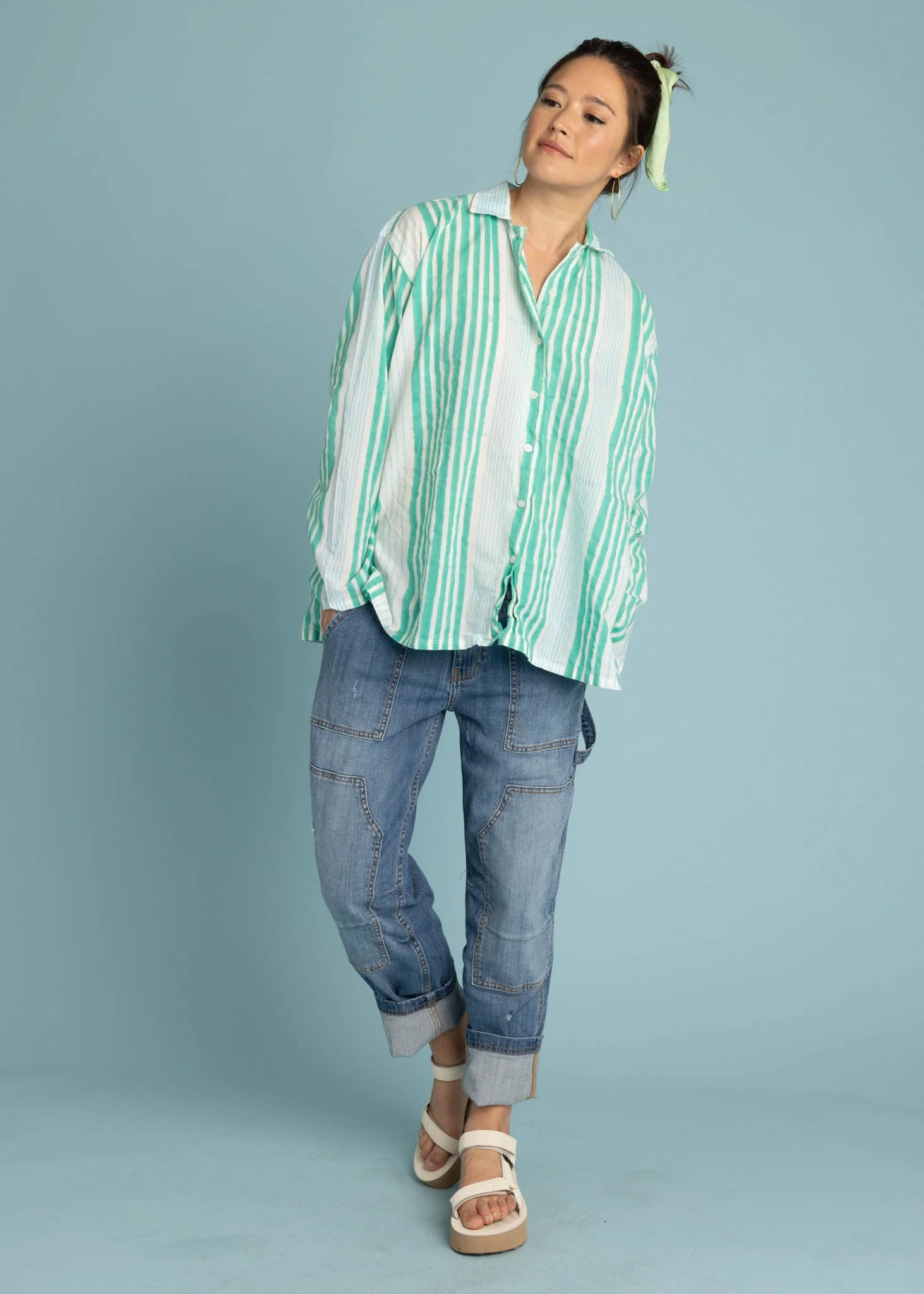 Relaxed Boyfriend Shirt - Mixed Up Stripe Cerulean Seaglass - Image 9