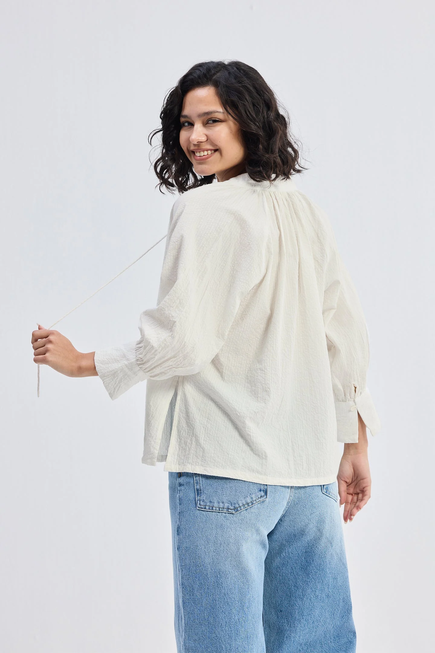 Relaxed Fit Top with Front-tie in Cream - Image 2