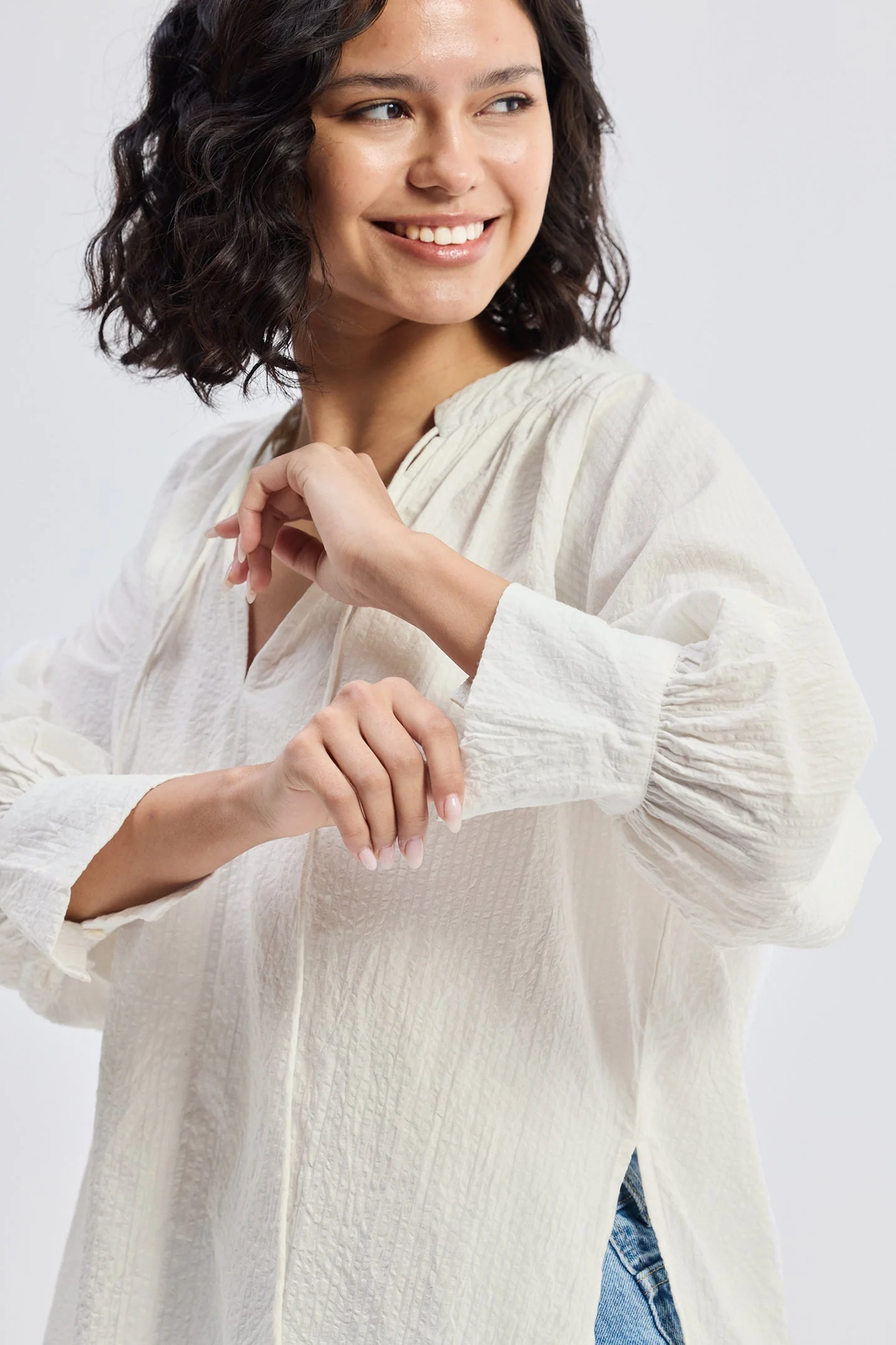 Relaxed Fit Top with Front-tie in Cream - Image 3