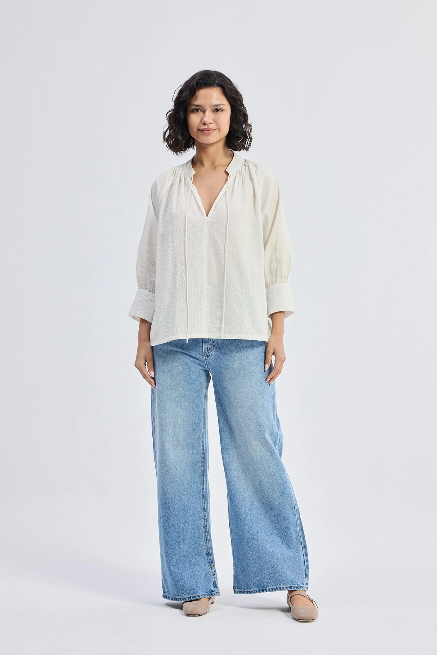 Relaxed Fit Top with Front-tie in Cream - Image 4