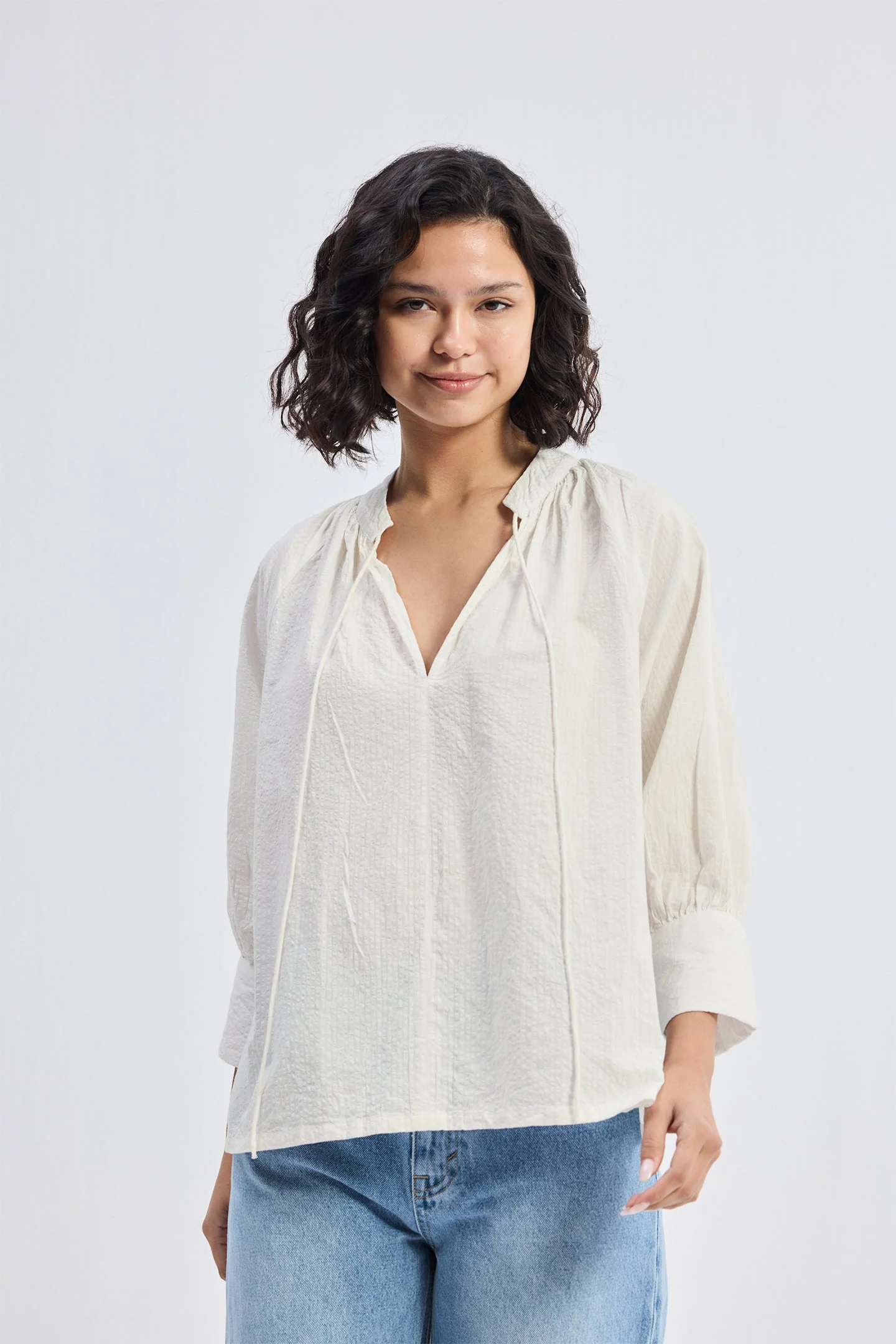Relaxed Fit Top with Front-tie in Cream - Image 5