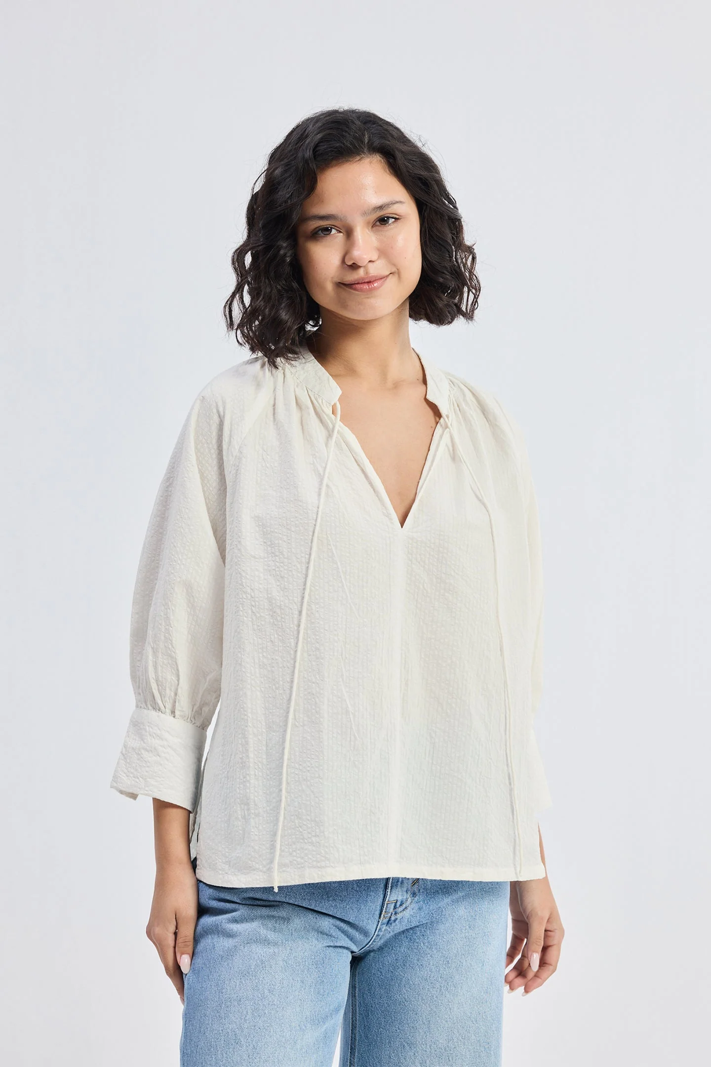 Relaxed Fit Top with Front-tie in Cream - Image 6