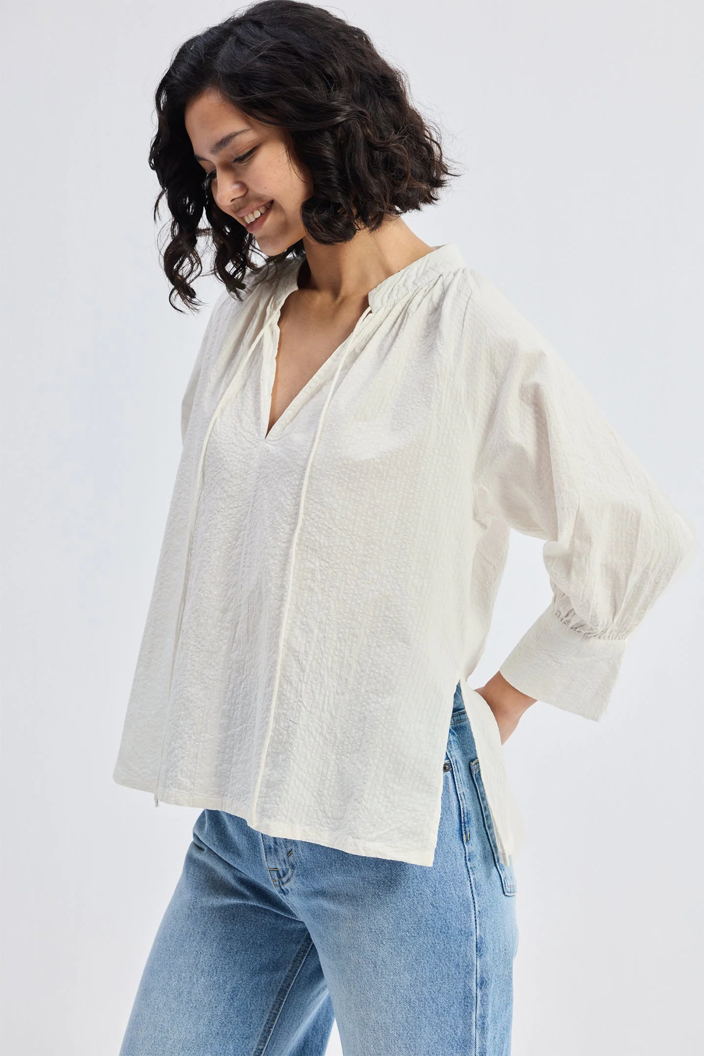 Relaxed Fit Top with Front-tie in Cream - Image 8