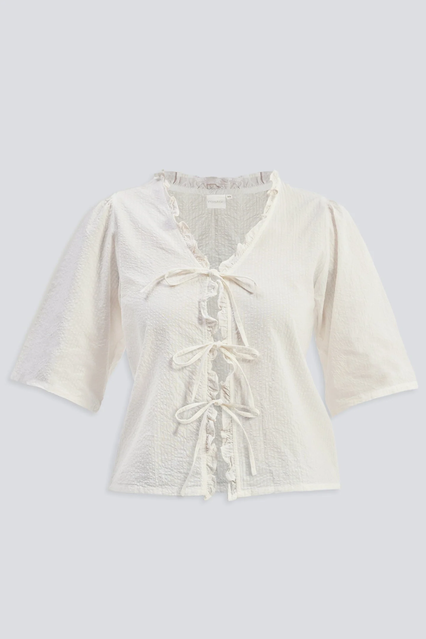 Relaxed Fit Top With Ruffles and Front-Ties in Cream - Image 9