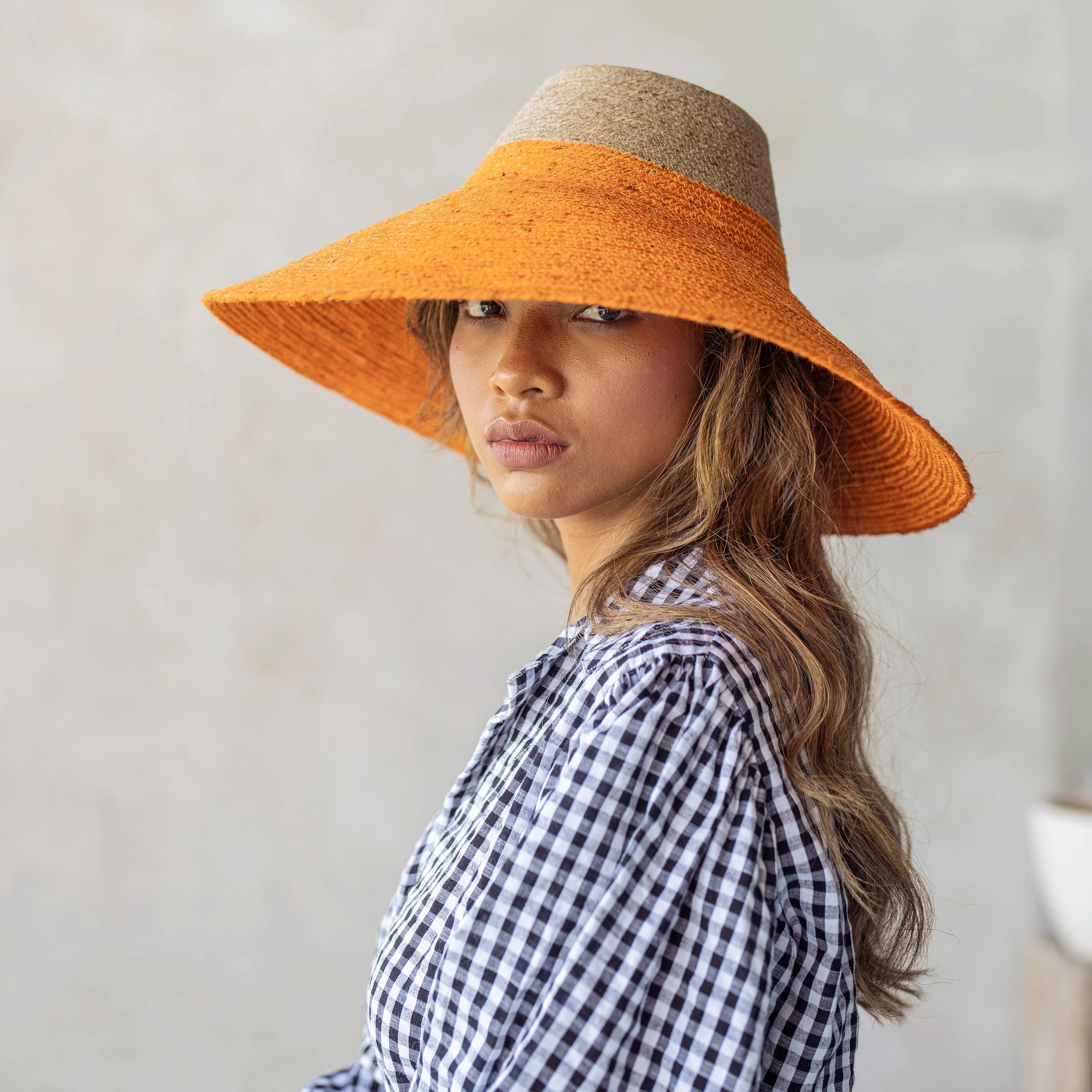 RIRI Duo Jute Handwoven Straw Hat In Tangerine Orange - Image 2