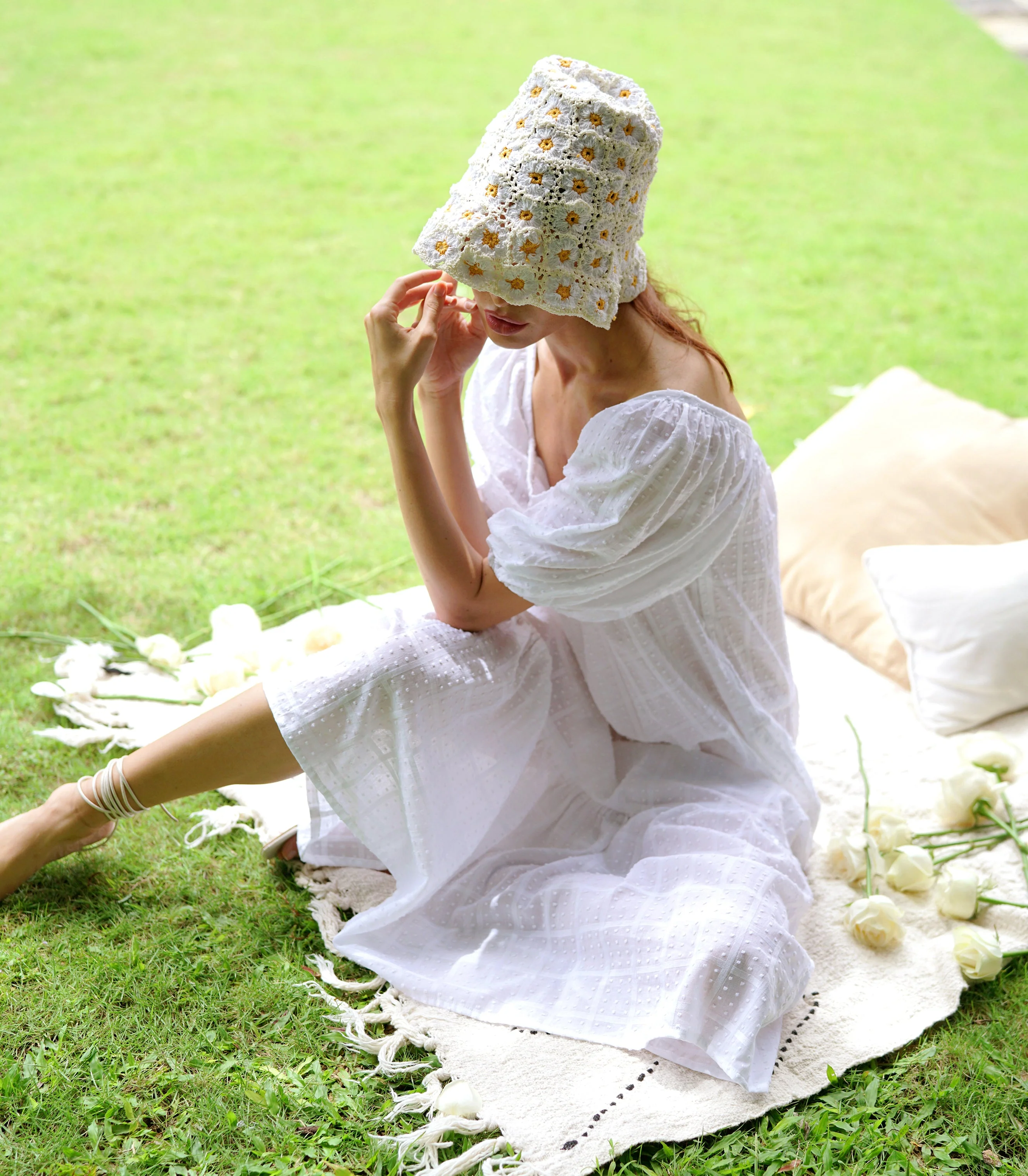Rosemary Dotted Plaid Cotton Dress, in Off white - Image 3
