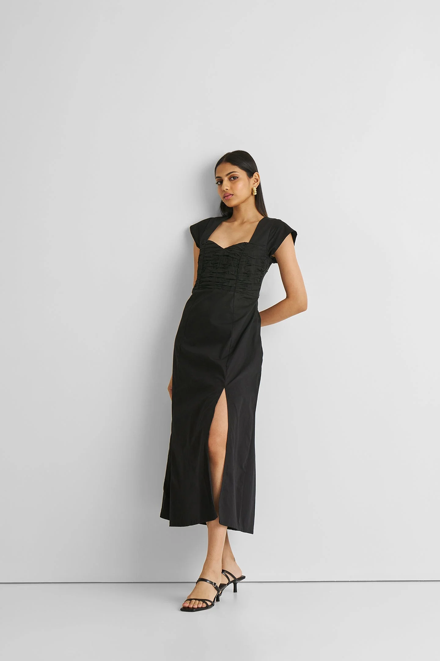 Ruched Dress with Front Slit in Black - Image 3