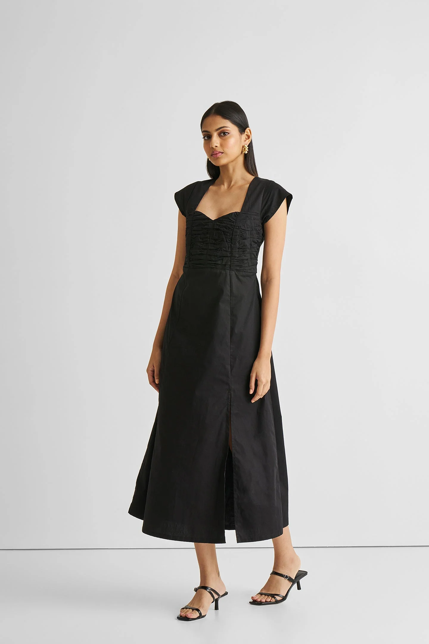 Ruched Dress with Front Slit in Black - Image 4