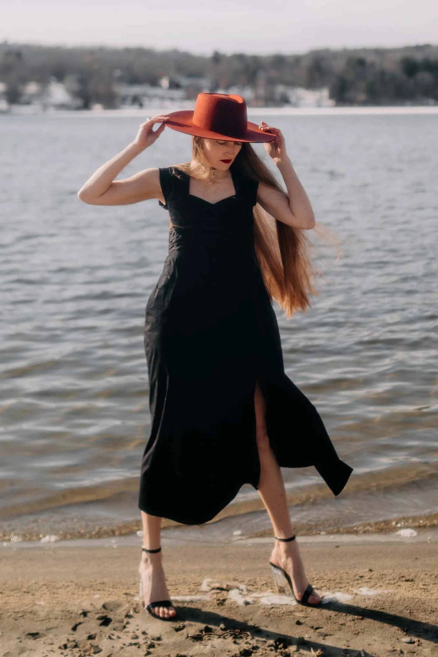 Ruched Dress with Front Slit in Black - Image 8