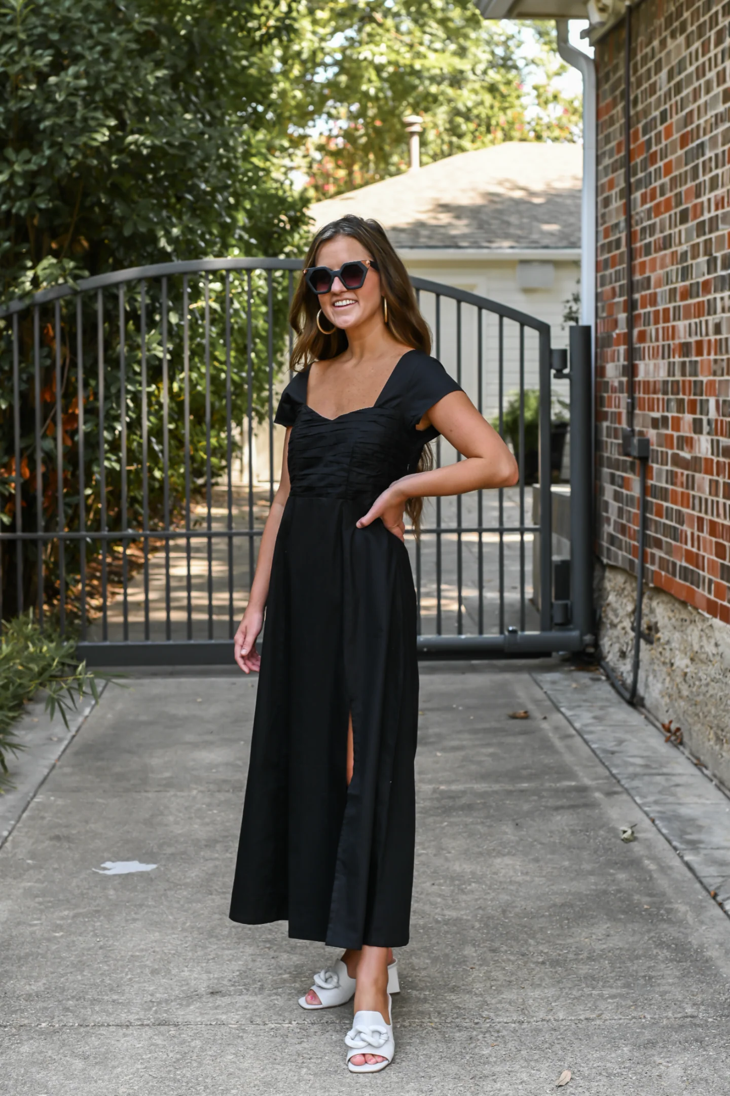 Ruched Dress with Front Slit in Black - Image 9