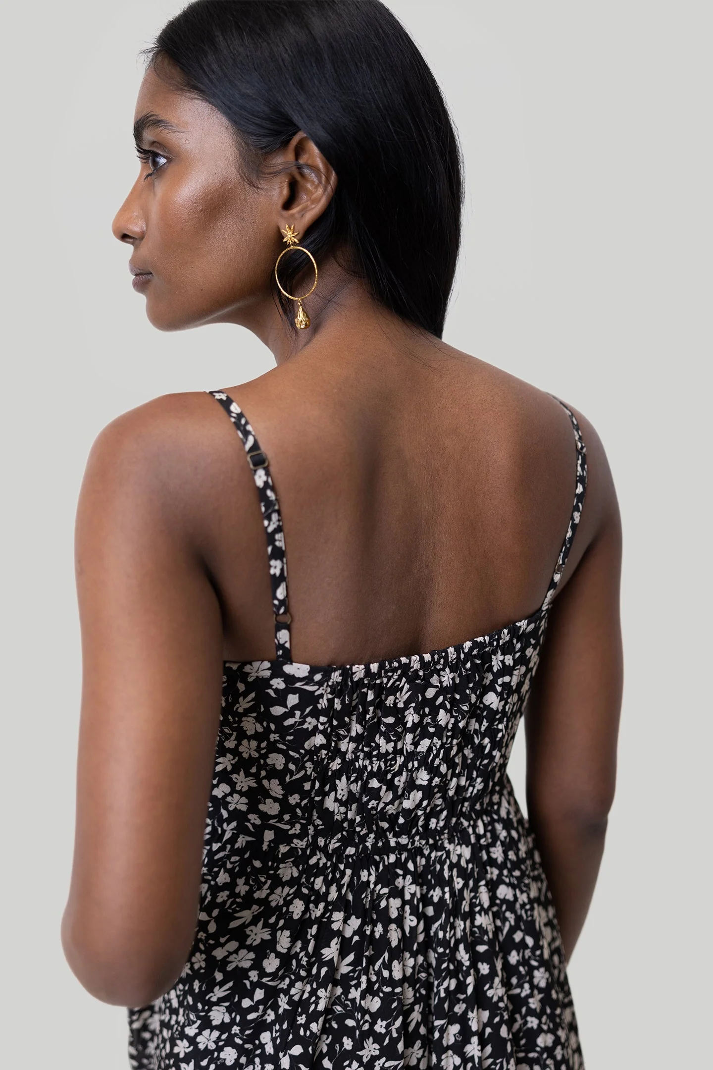 Ruched Strappy Mini Black Floral Dress - Image 3