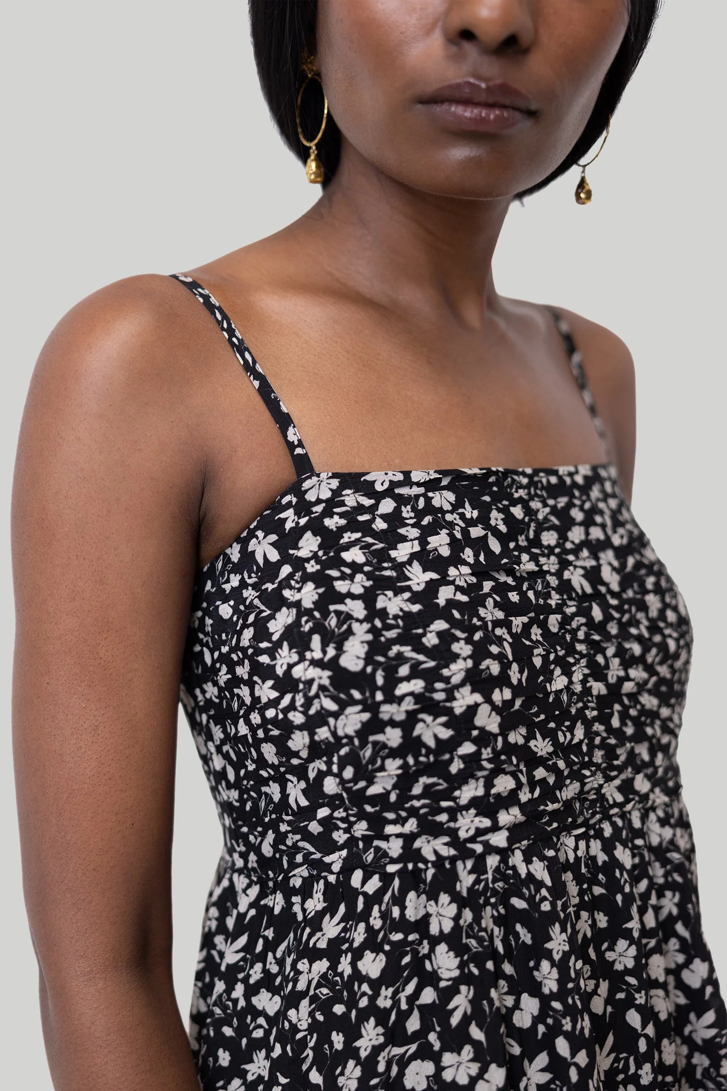 Ruched Strappy Mini Black Floral Dress - Image 4