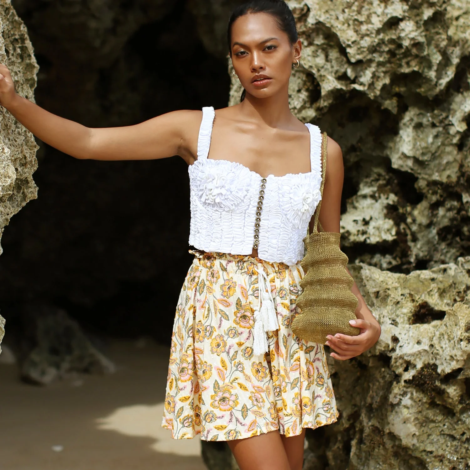 SEKAR Floral Batik Skorts In Marigold Yellow - Image 3