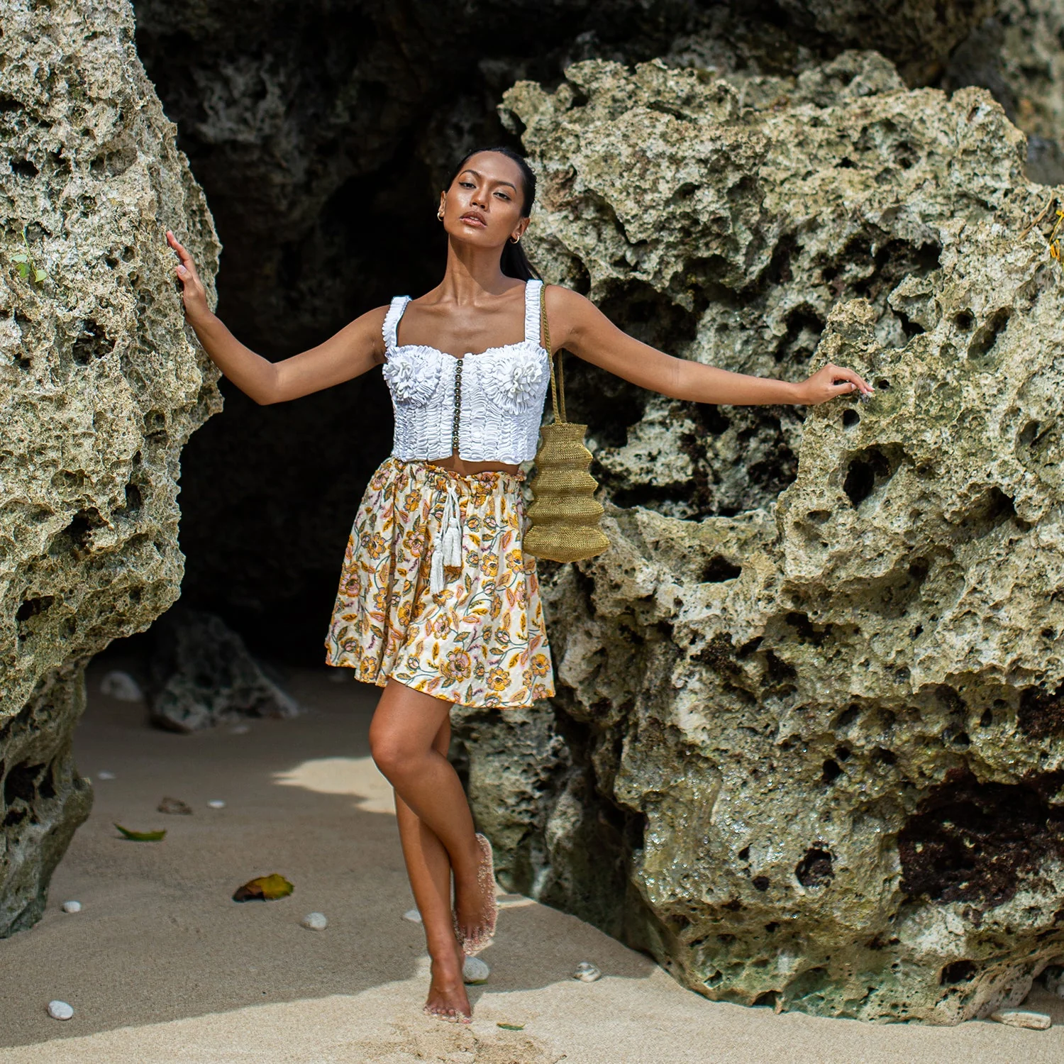 SEKAR Floral Batik Skorts In Marigold Yellow - Image 5