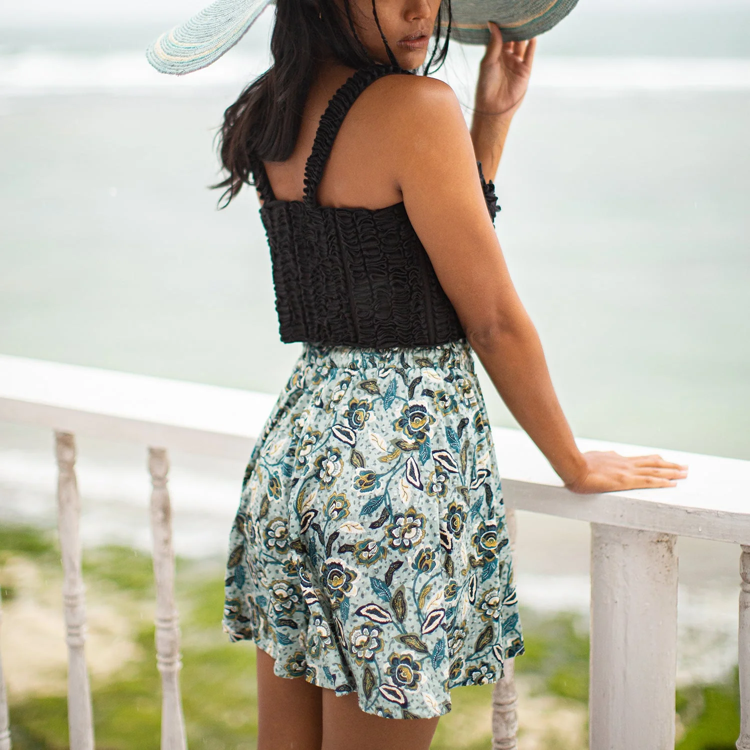 SEKAR Floral Batik Skorts In Sea Blue - Image 2