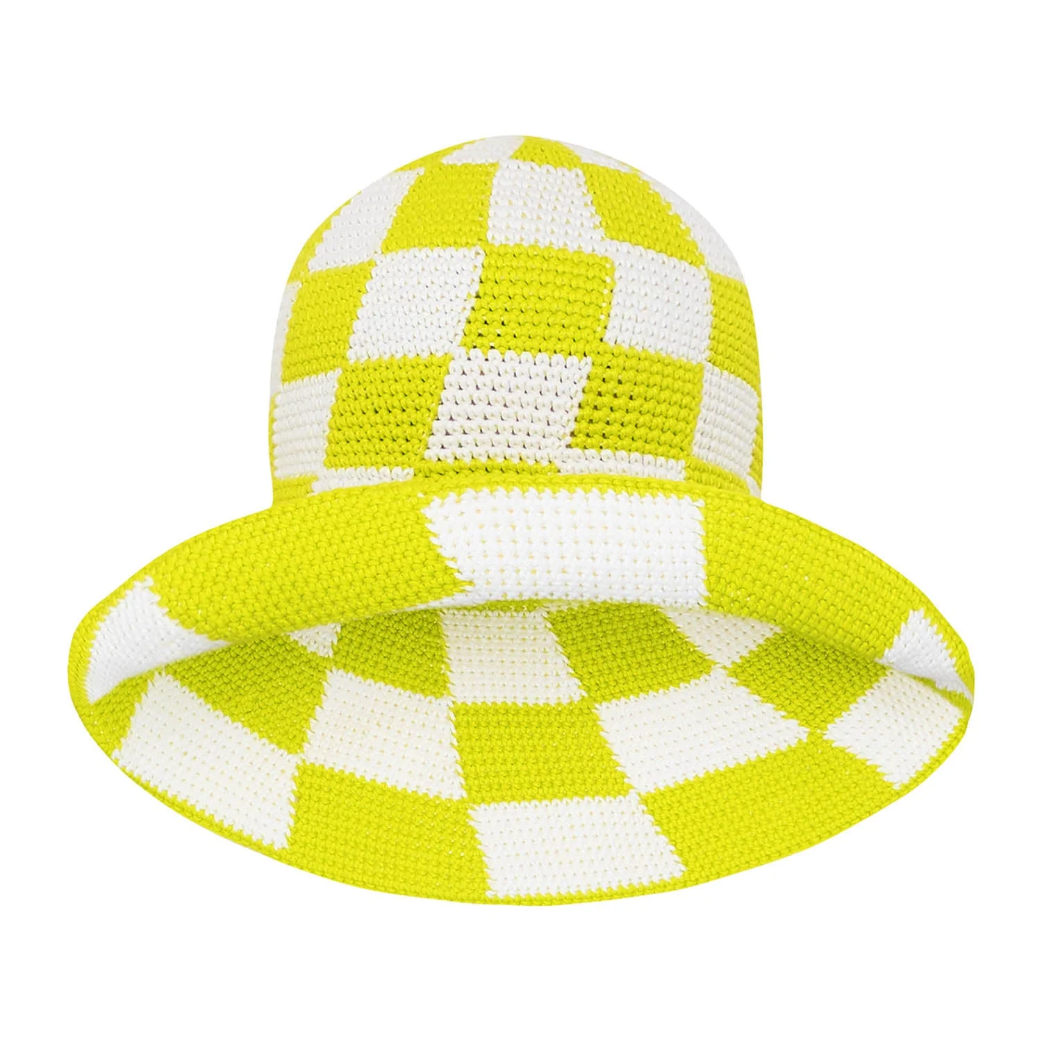 SHILO Checkered Crochet Hat In Lime Green & White - Image 2