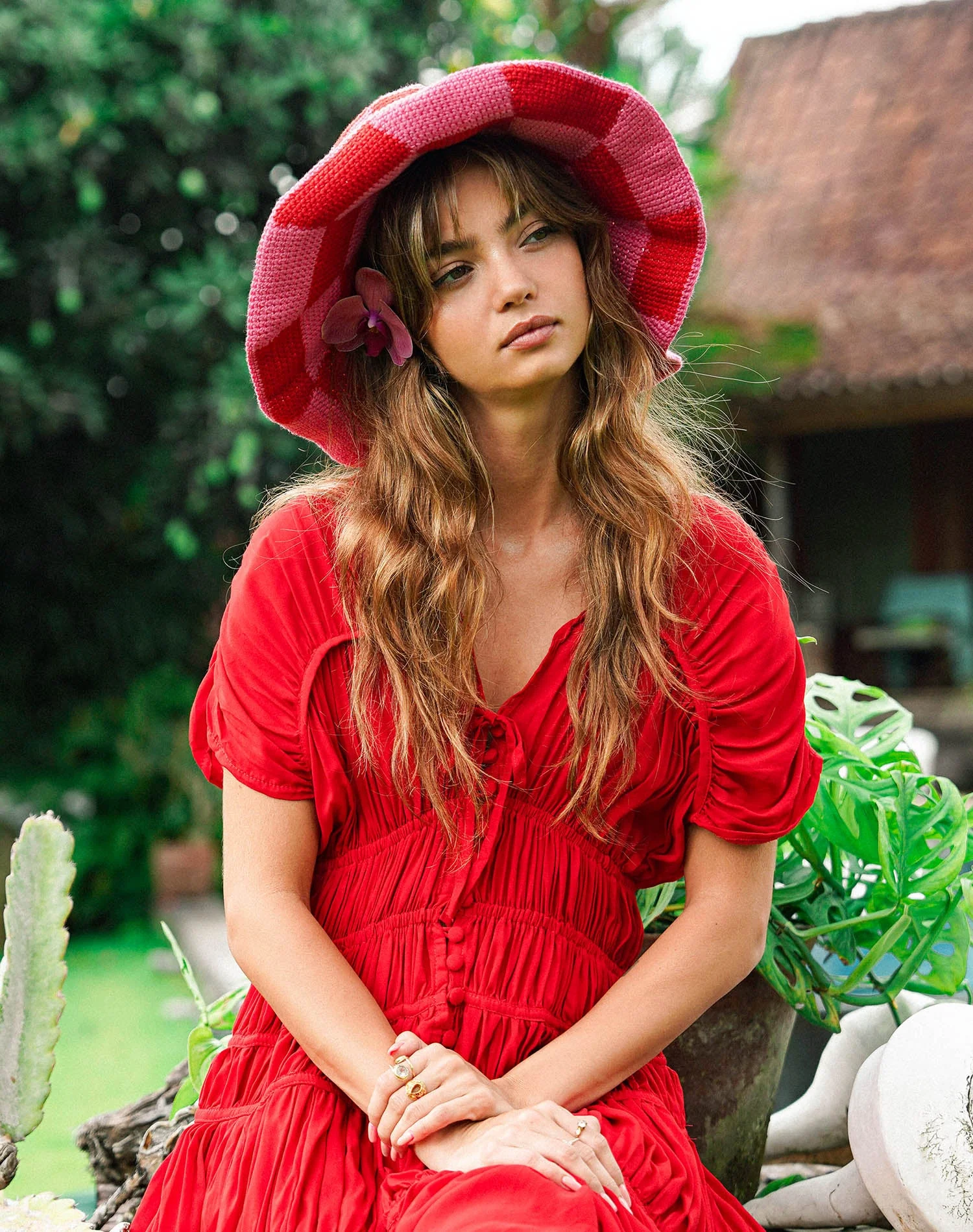 SHILO Checkered Crochet Hat In Red & Pink - Image 3