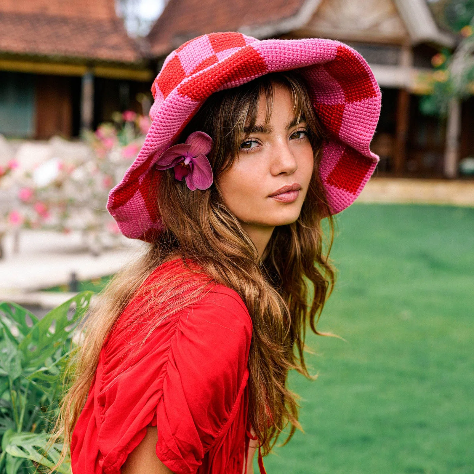 SHILO Checkered Crochet Hat In Red & Pink - Image 5