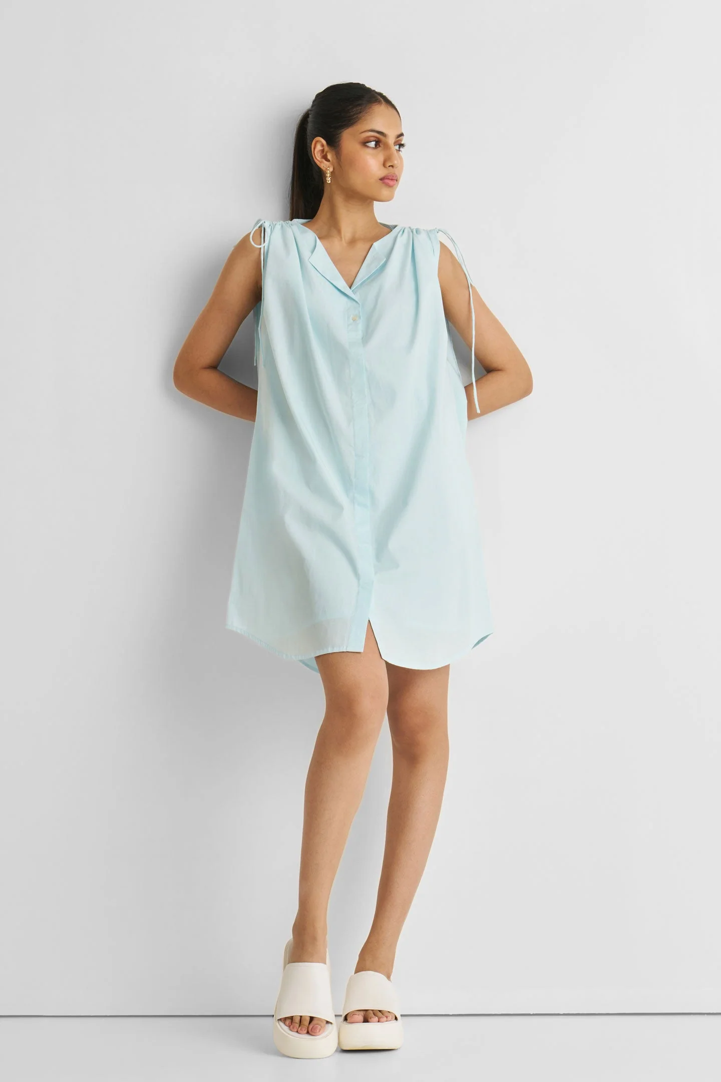 Shirt dress with Shoulder Tie Details in Summer Blue - Image 4