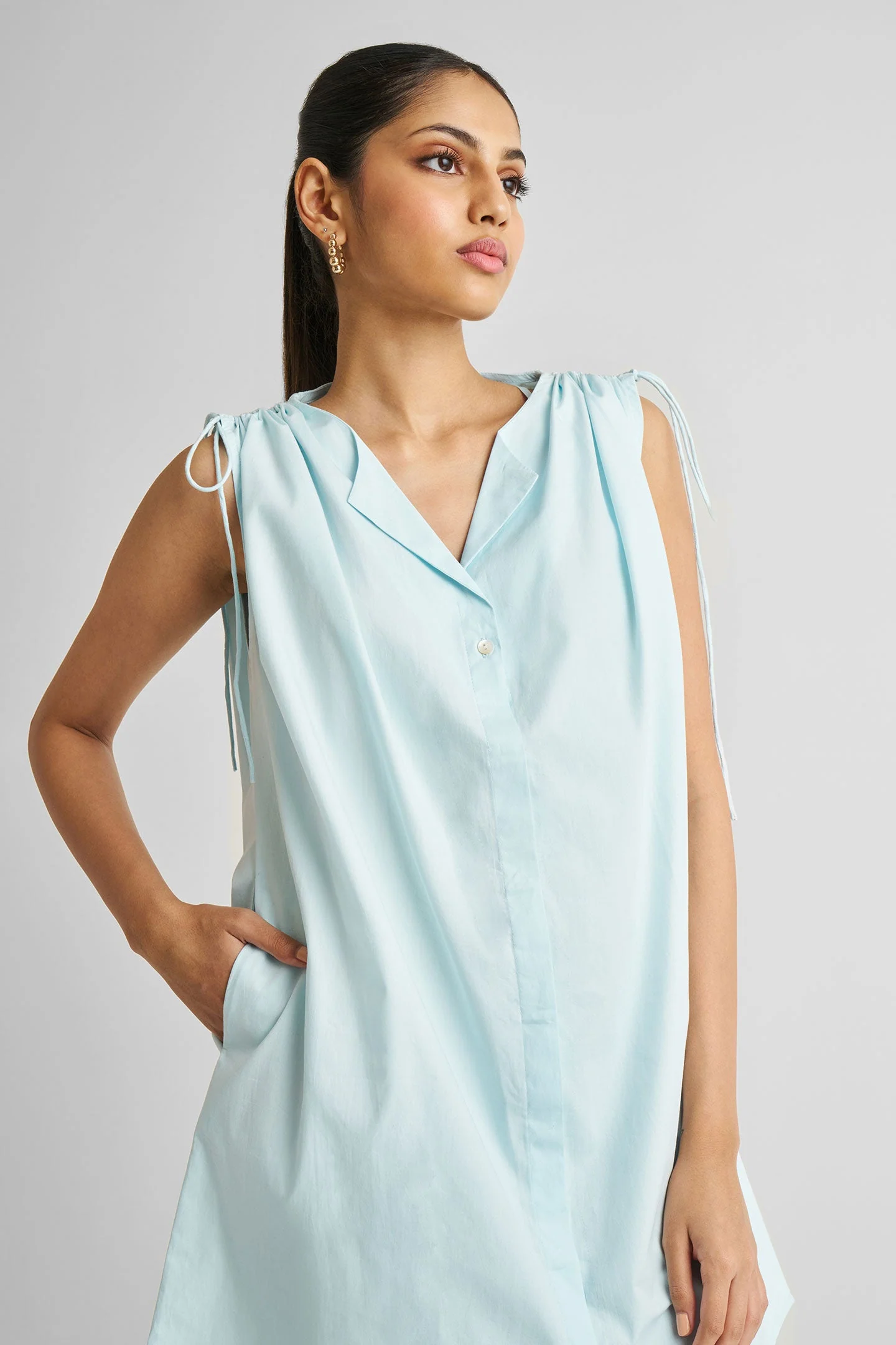 Shirt dress with Shoulder Tie Details in Summer Blue - Image 5