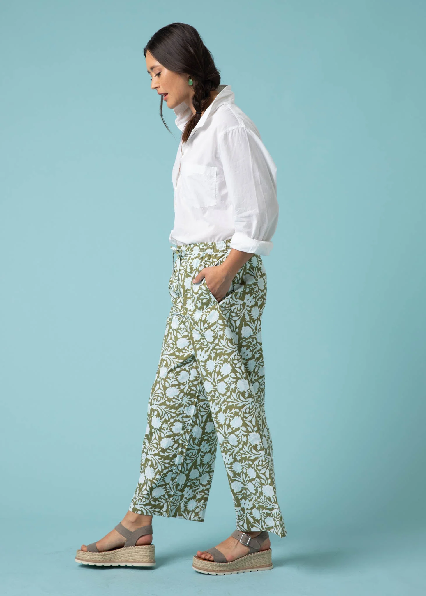 Shore Pant - Floral Escape in Olive Oil & Cerulean - Image 7