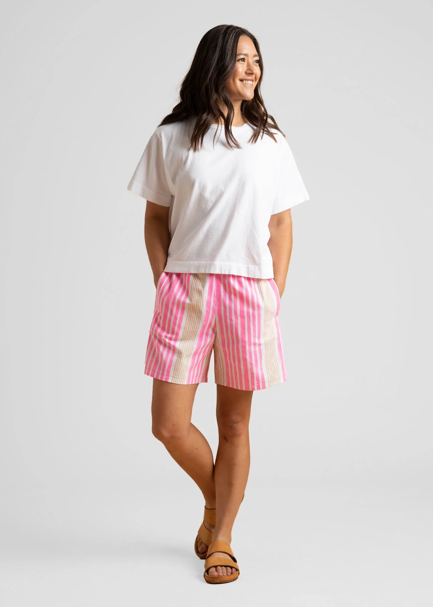 Shore Shorts - Mixed Up Stripe - Baked Clay & Neon Pink - Image 5