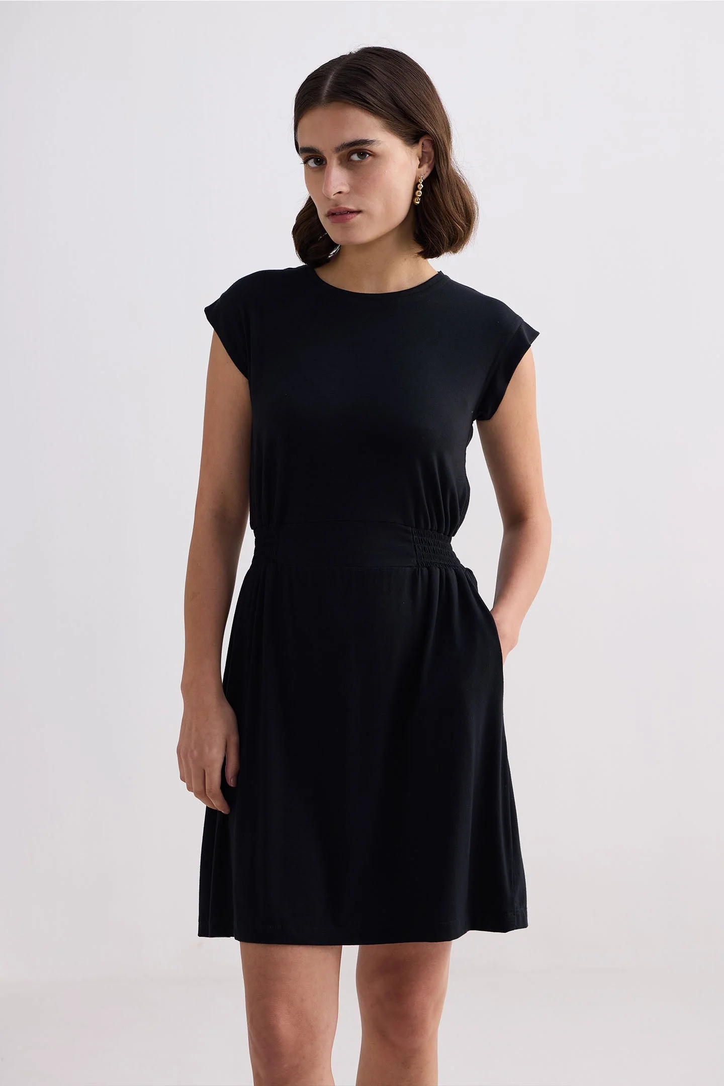 Short Dress With Smocking Side Detail in Black - Image 11