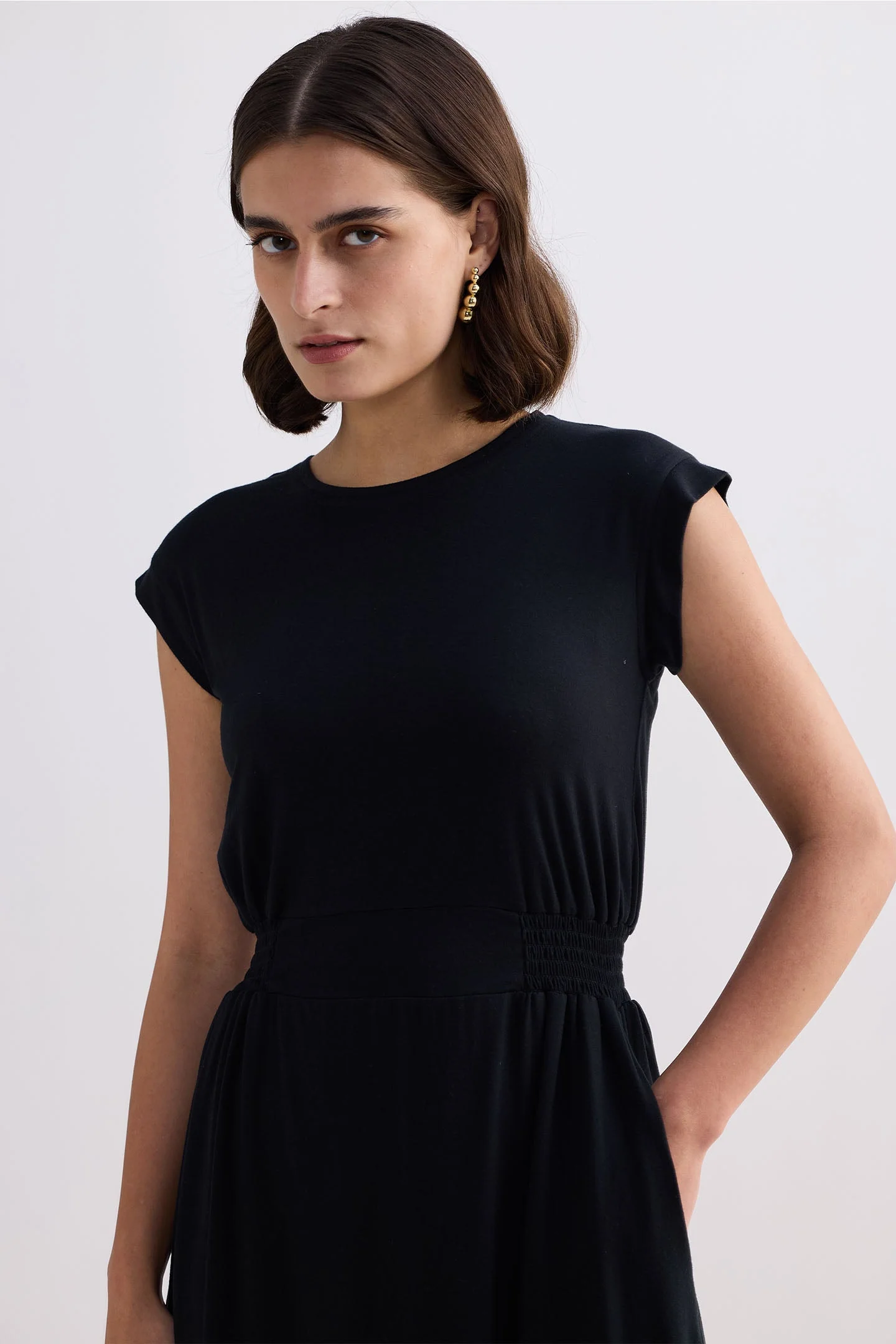 Short Dress With Smocking Side Detail in Black - Image 3