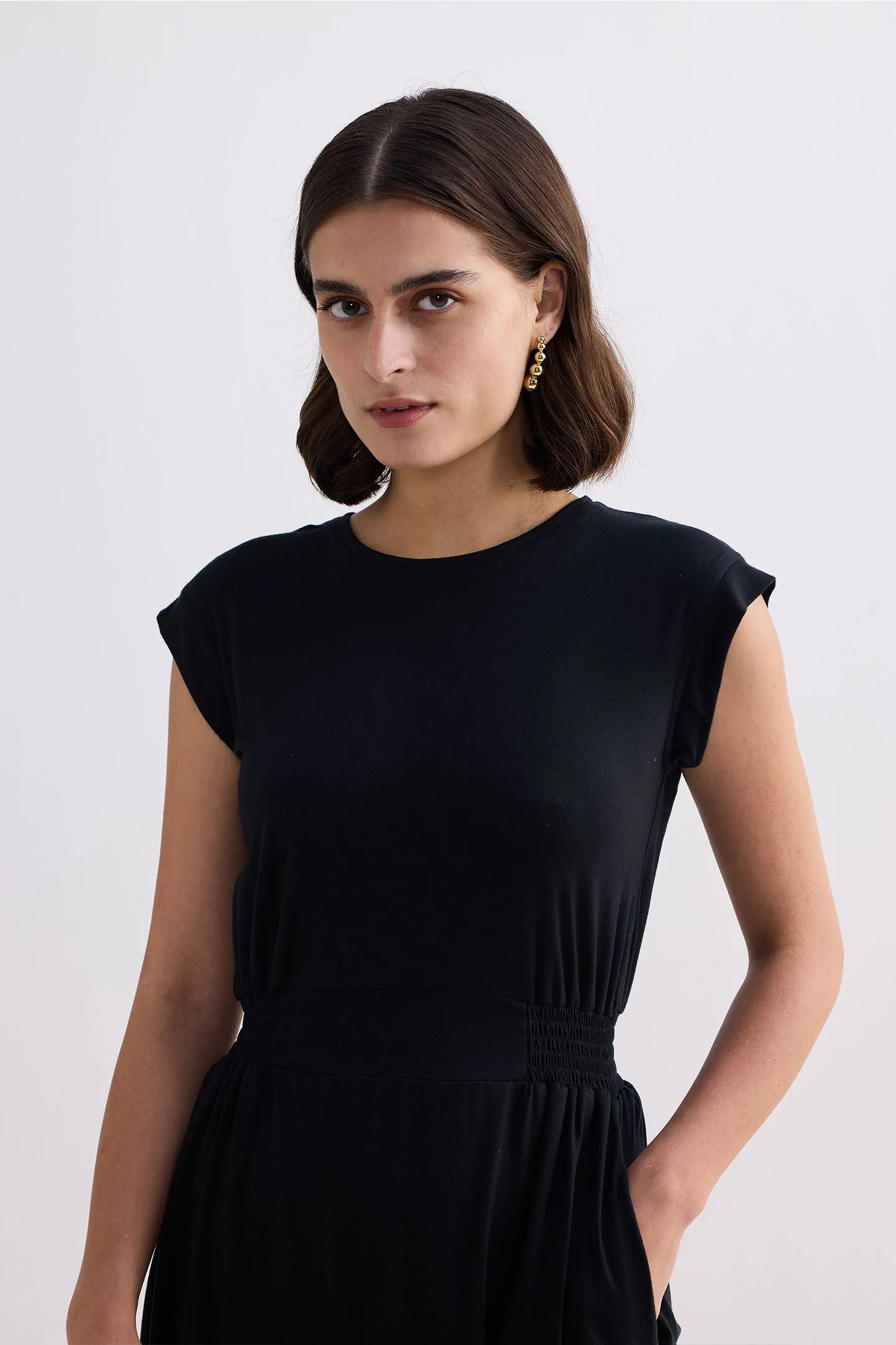 Short Dress With Smocking Side Detail in Black - Image 5