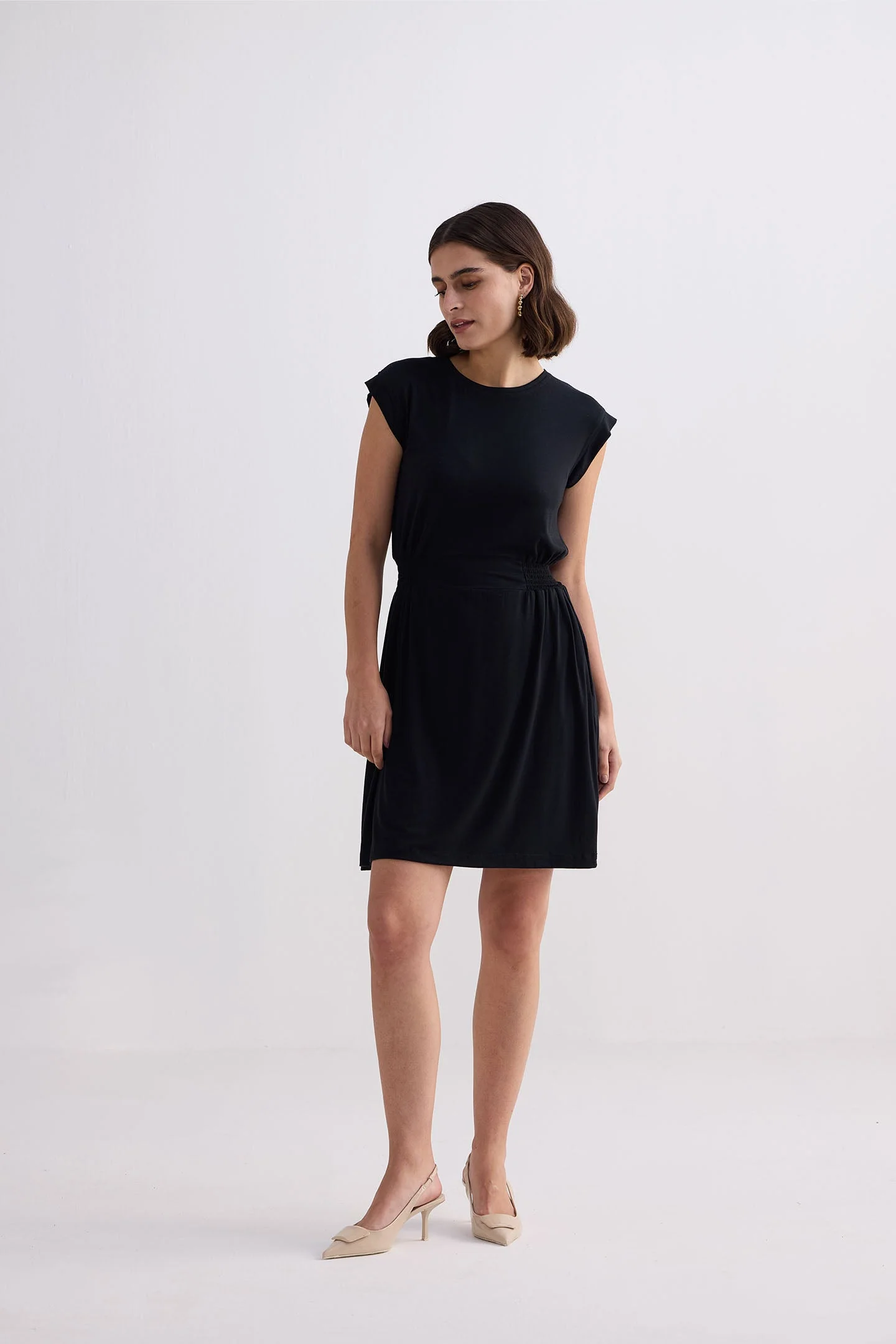 Short Dress With Smocking Side Detail in Black - Image 7
