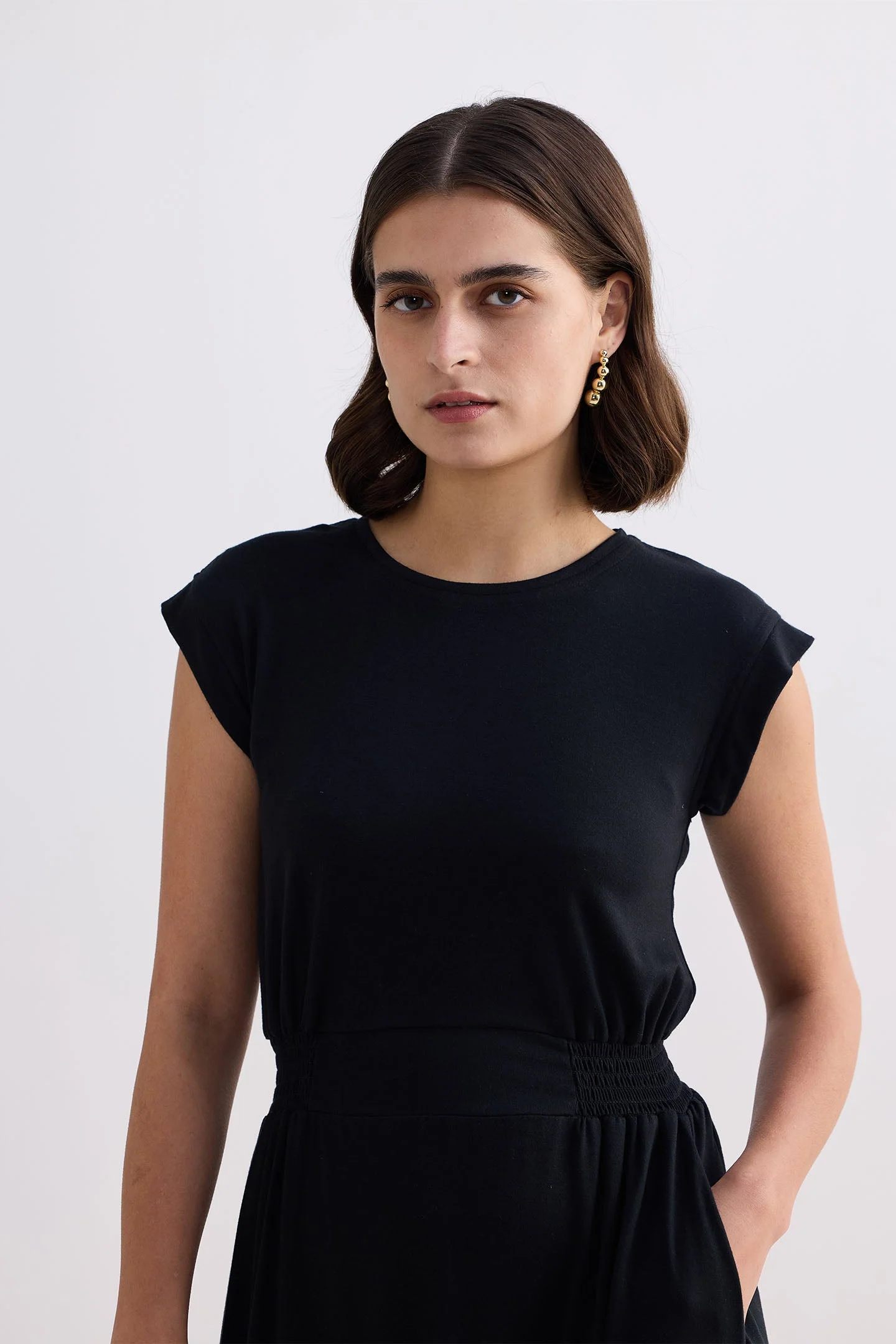 Short Dress With Smocking Side Detail in Black - Image 9