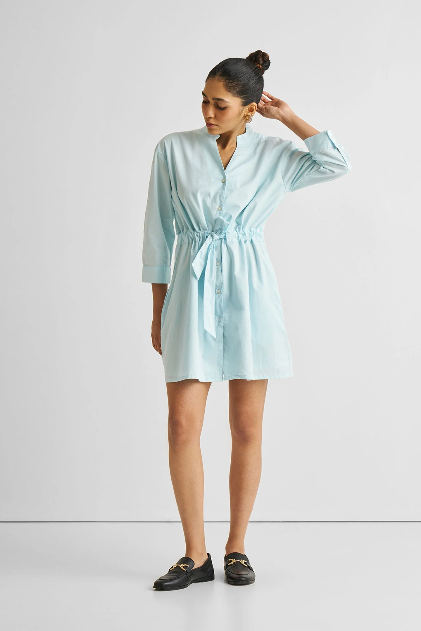 Short Tie Waist Dress in Summer Blue - Image 3