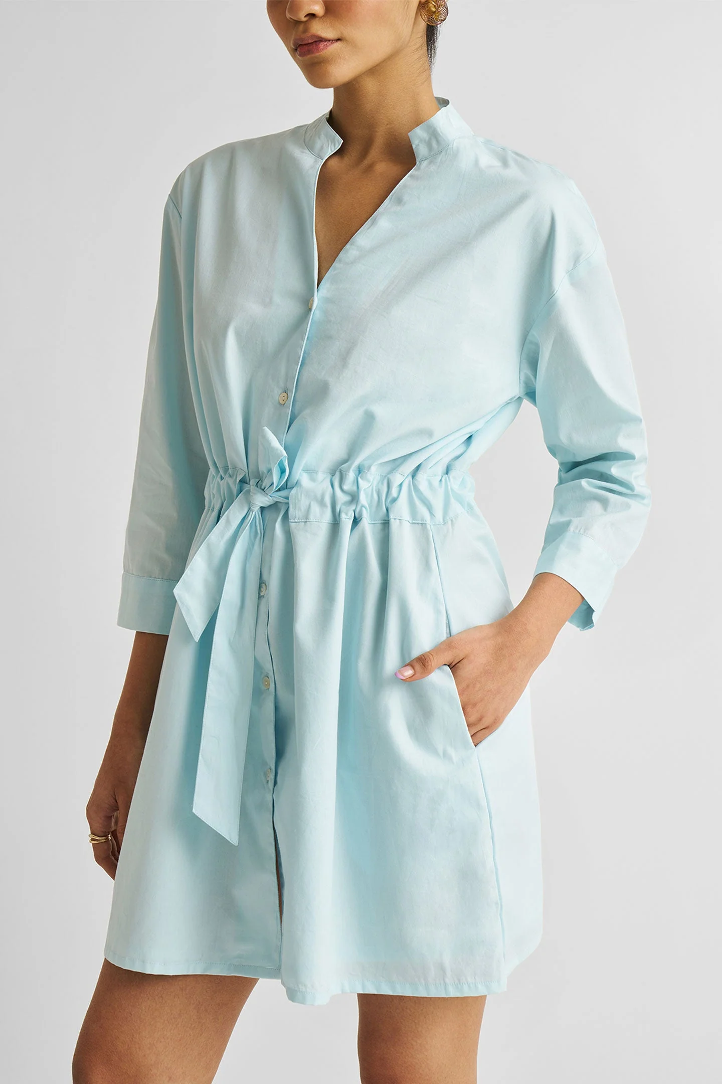 Short Tie Waist Dress in Summer Blue - Image 4